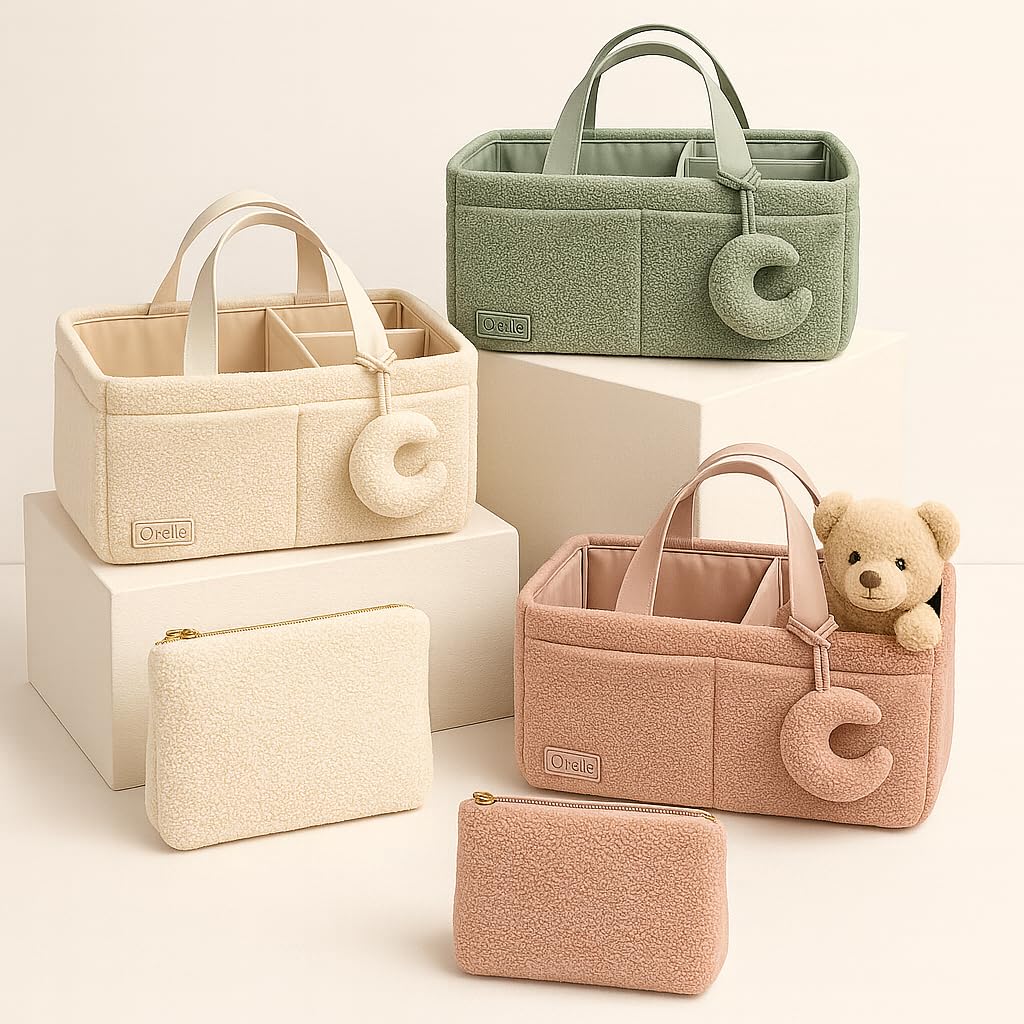 Orelle Bouclé Wickeltisch-Organizer mit passender Tasche und Mondanhänger, tragbarer Wickeltisch-Organizer, Must-Have für Babypartys, cremefarben