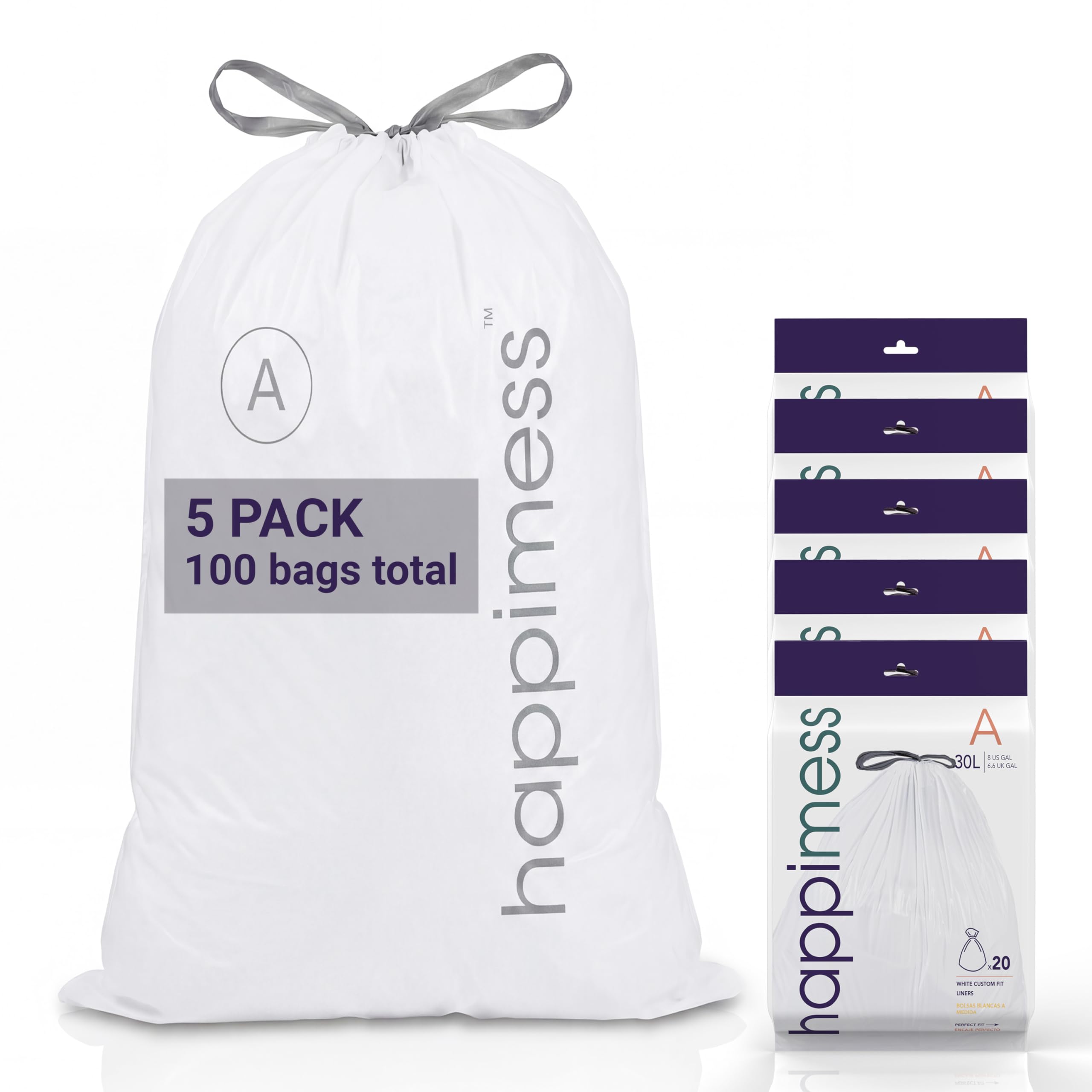 happimess White / 100 Count (Pack of 1) / 8.0 gallons Trash Bags