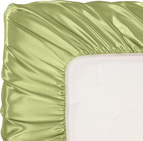 Miniatura 6 de SiinvdaBZX Juego de 2 sábanas de satén para cuna de 38 x 24 pulgadas, suaves y sedosas, fundas de colchón portátiles para cuna, con bolsillo