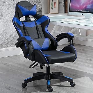 L&T Carreras Silla Oficina Chaise Longue,Ergonómico Silla Gaming Reposapies Reposacabezas Soporte Lumbar,Giratoria Silla Dormitorio para Niños-Azul Pies De Acero