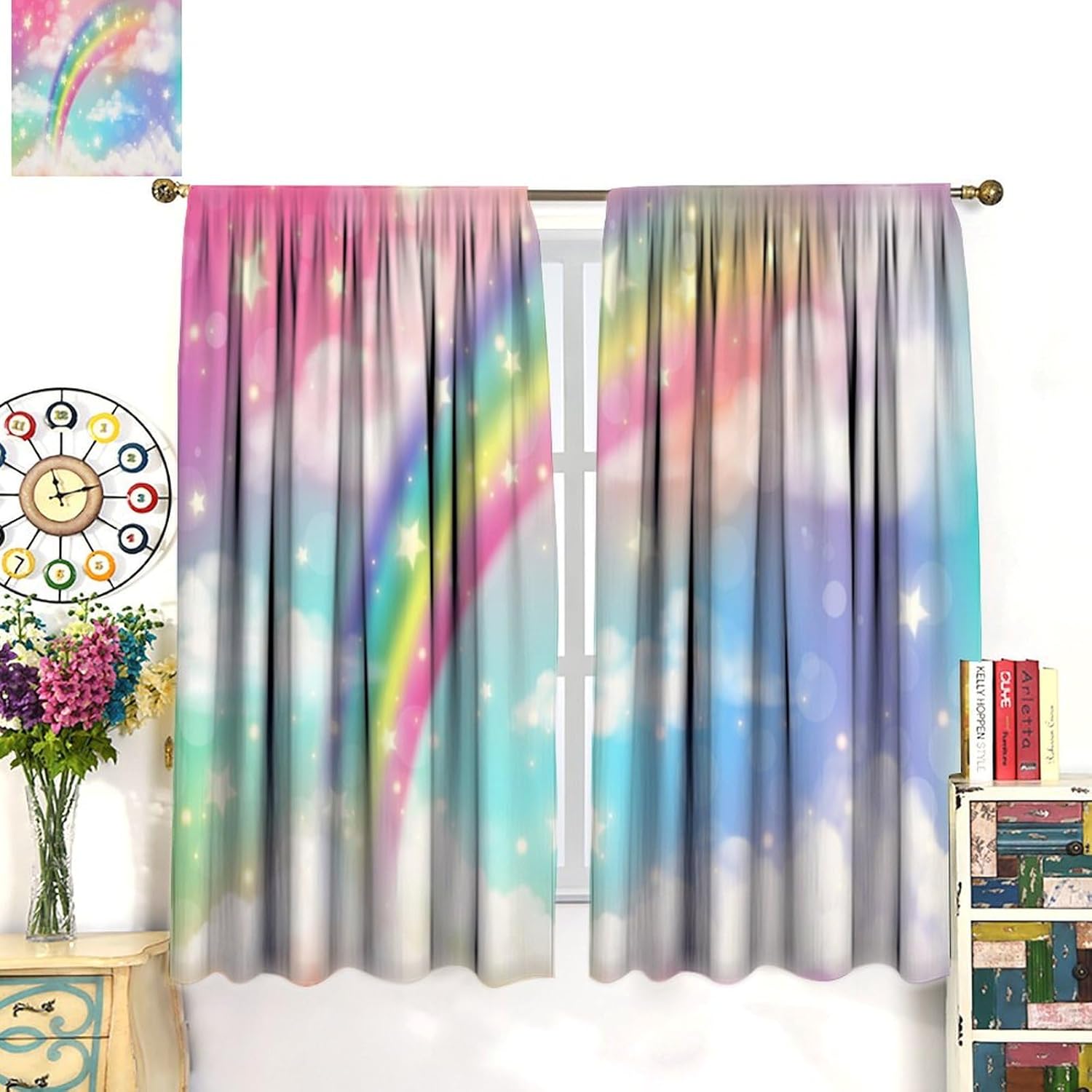 Rainbow Curtains Colorful Cloud Bright Star Pattern for Girls Room Decoration Blackout Print Rod Pocket Window Drapes for Bedroom Living Room 42x45in