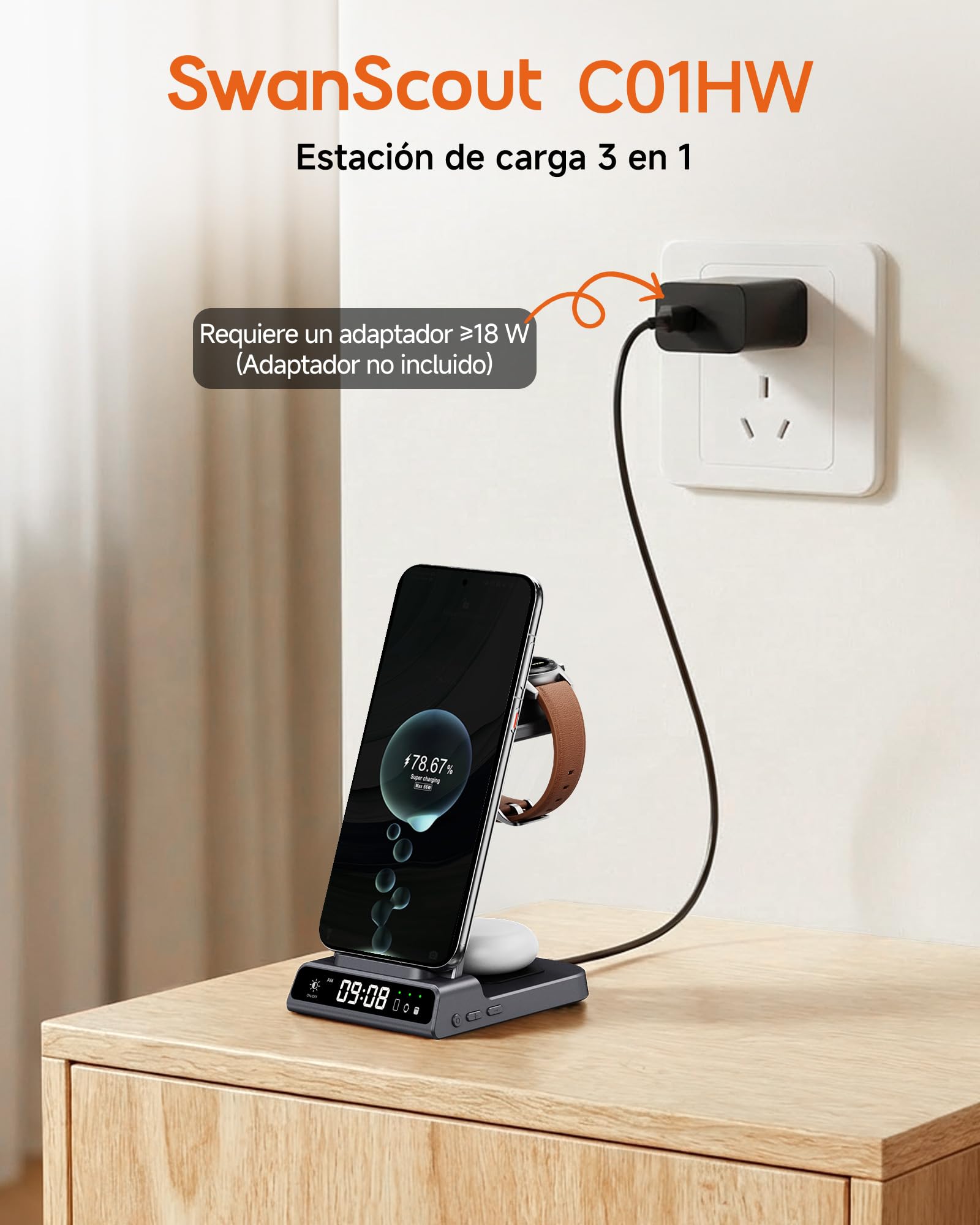 Cargador inalámbrico 3 en 1 para Huawei Watch, teléfono, Auriculares | Para Huawei Watch GT 6/GT 6 Pro/GT 5/GT 5, Reloj LED regulable, protección múltiple, indicador de carga, SwanScout C01HW