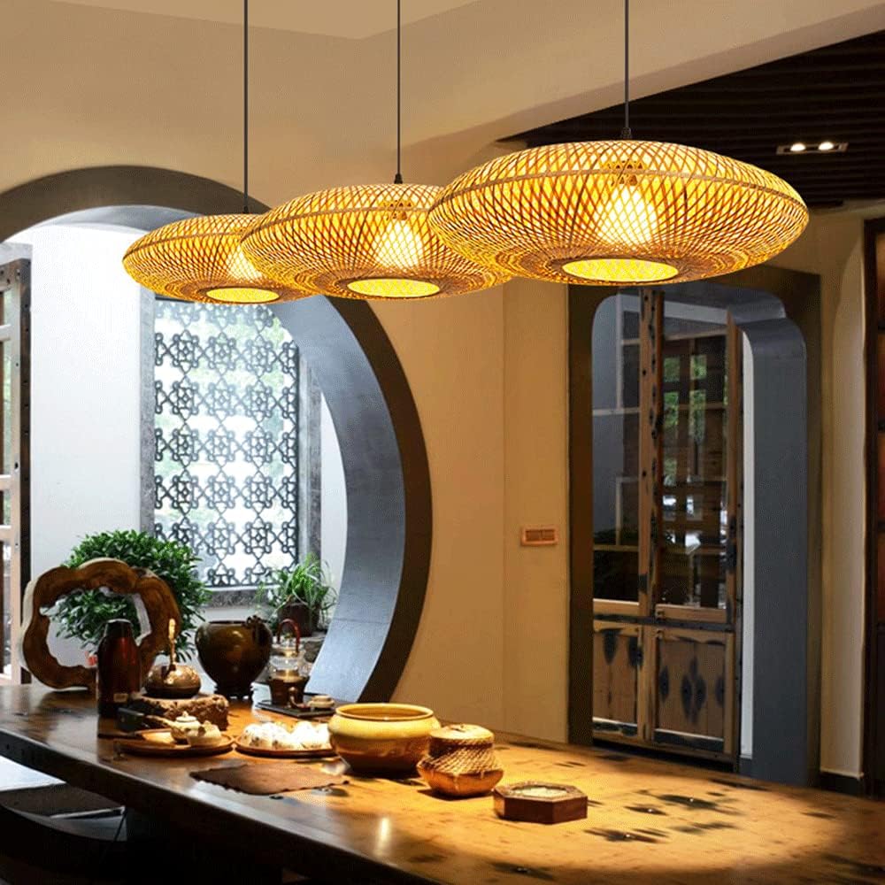 RCIDOS Bamboo Weave Pendant Luminaire Flying Saucer Antique Decor Lantern Droplight Hollow Hand-Woven Rattan Art Chandelier Japanese Style Round Wicker Hanging Light Tea Room Tavern Restaurant Bedroom