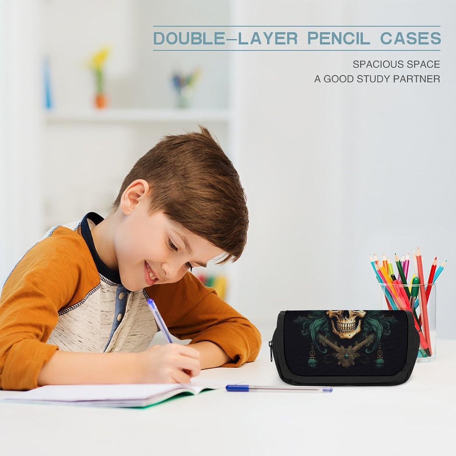 Pencil Case Pirate Skull Large Capacity Pencil Case Double Zipper Storage Bag 2 Compartments Portable Multifunctional Bag Desk Organizer Marker Pen Case