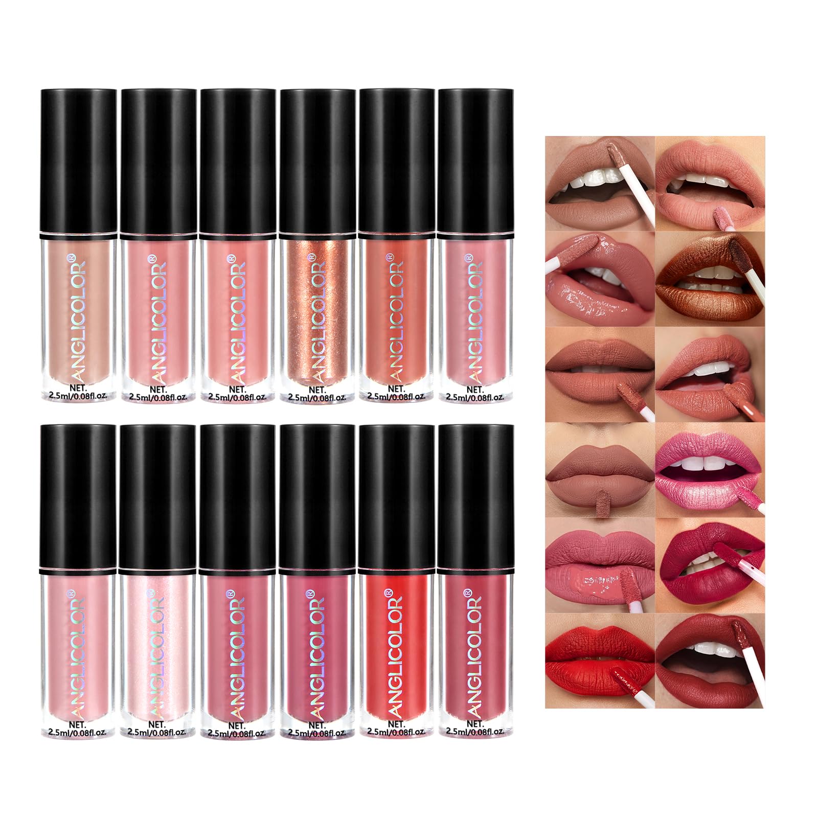 Anglicolor Lip Gloss Long-Lasting,Lipstick Set Highly Pigmented,Pink Lip Gloss Non-Stick Cup,Lip Gloss Set,Easy Application,Smooth Application,Not Flake Off,12 Colors,Vegan & Cruelty-Free (12Color)