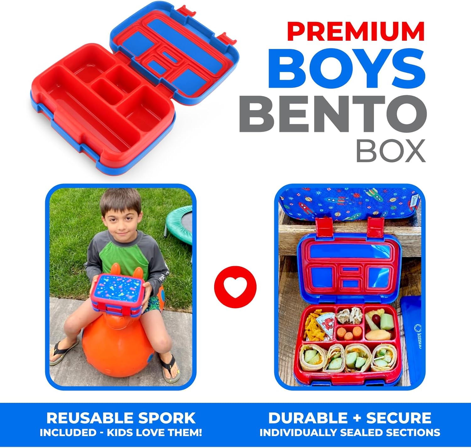 Kinsho Bento Lunch Box for Kids Toddlers, 5 Portion Control Sections, BPA Free Removable Plastic Tray, Pre-School Kid Toddler Daycare Lunches, Snack Container Ages 3 to 7 (Blue Space Rockets) - Image 2