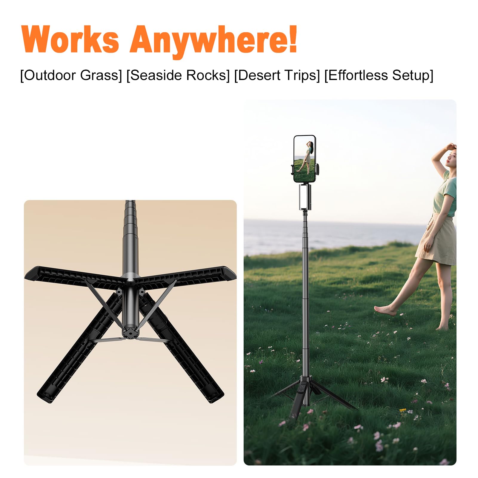 Tosuny Treppiede per Selfie Stick a 4 Gambe, Supporto per Telefono Estensibile in Lega di Alluminio con 27 Luci di Riempimento a LED e Telecomando BT, Compatibile con Smartphone da 4,7