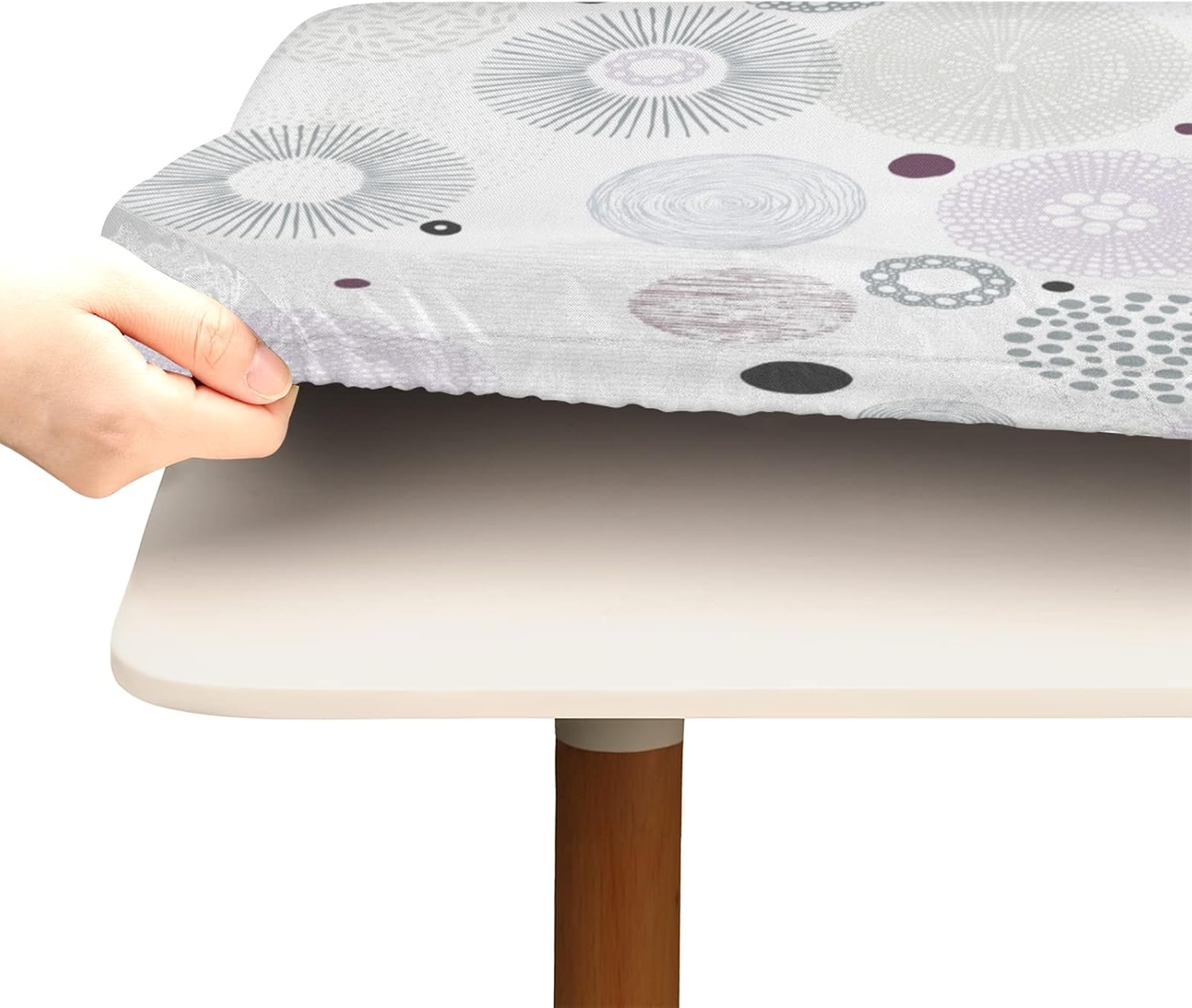 Elastic Edged Fitted Tablecloth, 34x34 Inch Square Abstract Circles PVC Vinyl Cover, Waterproof & Wipeable for Indoor Outdoor Dining