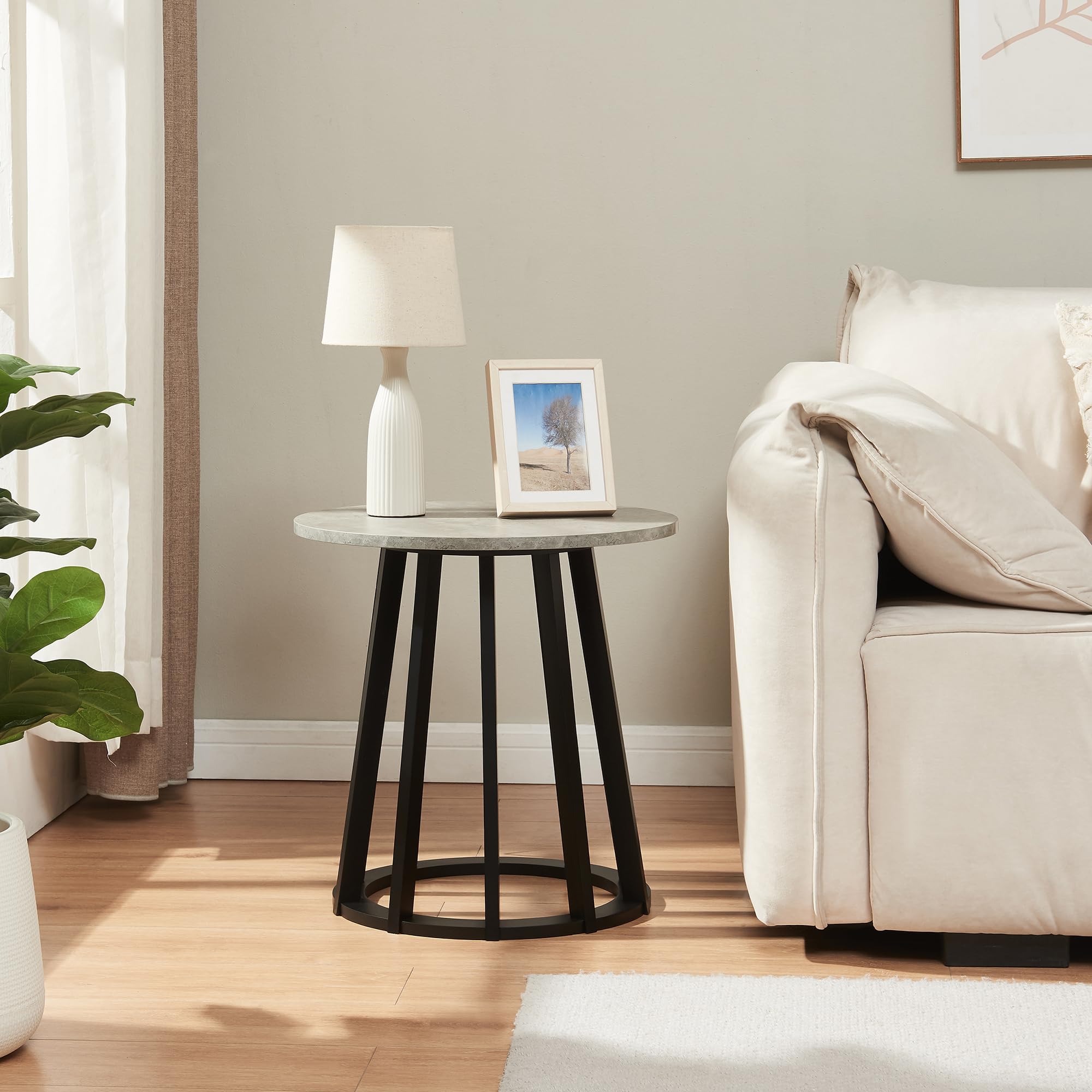 [en.casa] Table d'Appoint avec Plateau Rond Bout de Canapé Table Basse Guéridon Design Intemporel pour Salon Chambre Bureau MDF Bambou 48 x 48 cm Effet Béton Noir