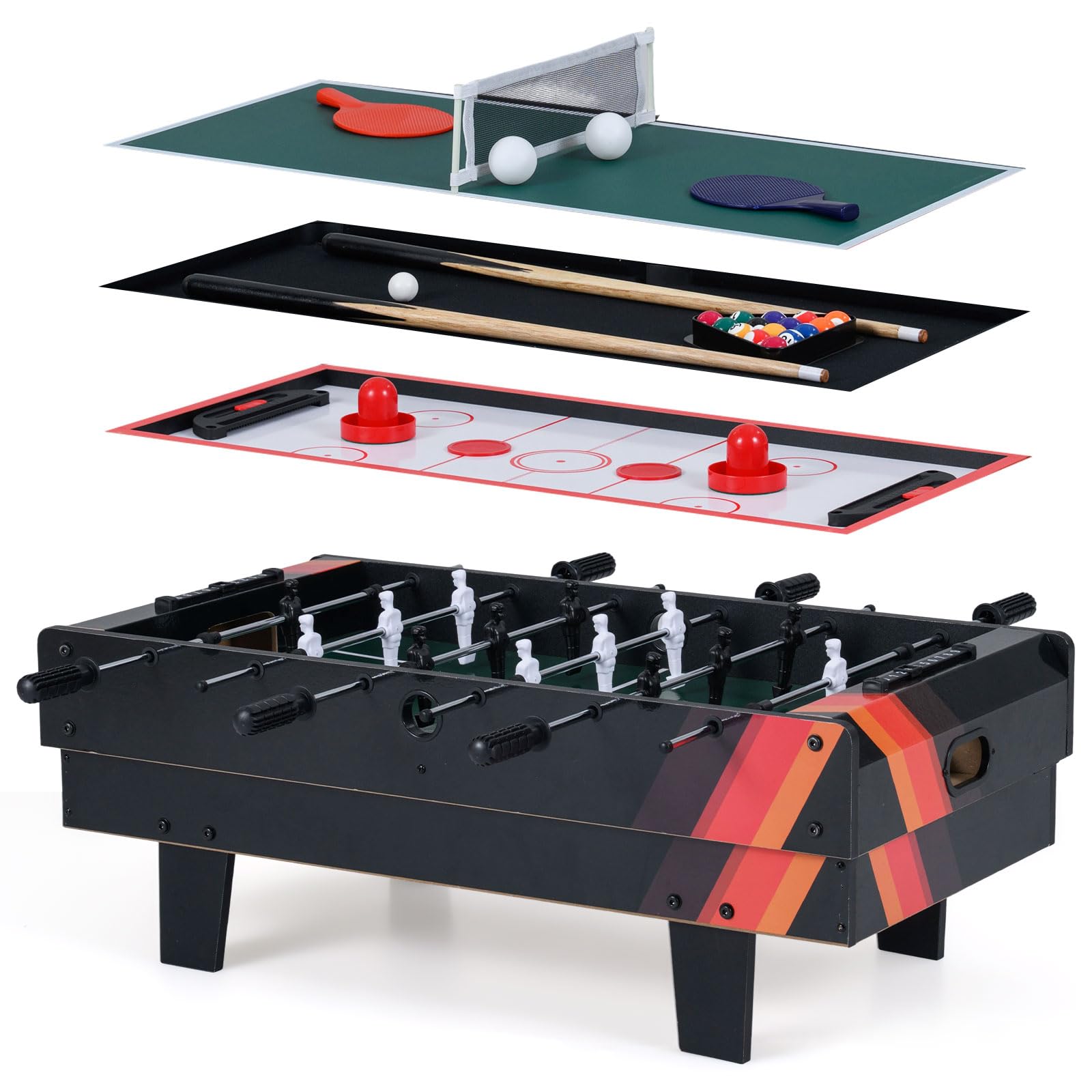 GYMAX 4 in 1 Multi Game Table, Combo Games Table Set with Foosball, Ping Pong, Hockey, Billiard, Complete Accessories for Kids Adults Party Gatherings (Black)
