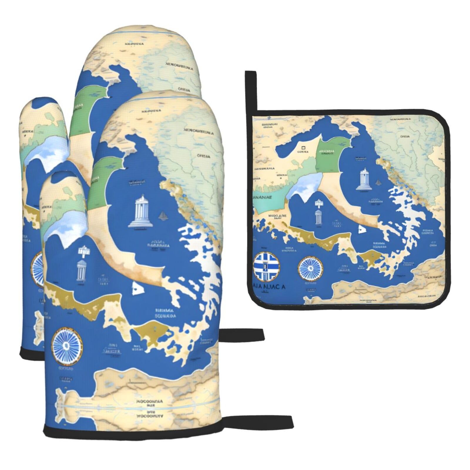Maniques de cuisine motif Grèce (Lot de 3) antidérapantes et thermorésistantes
