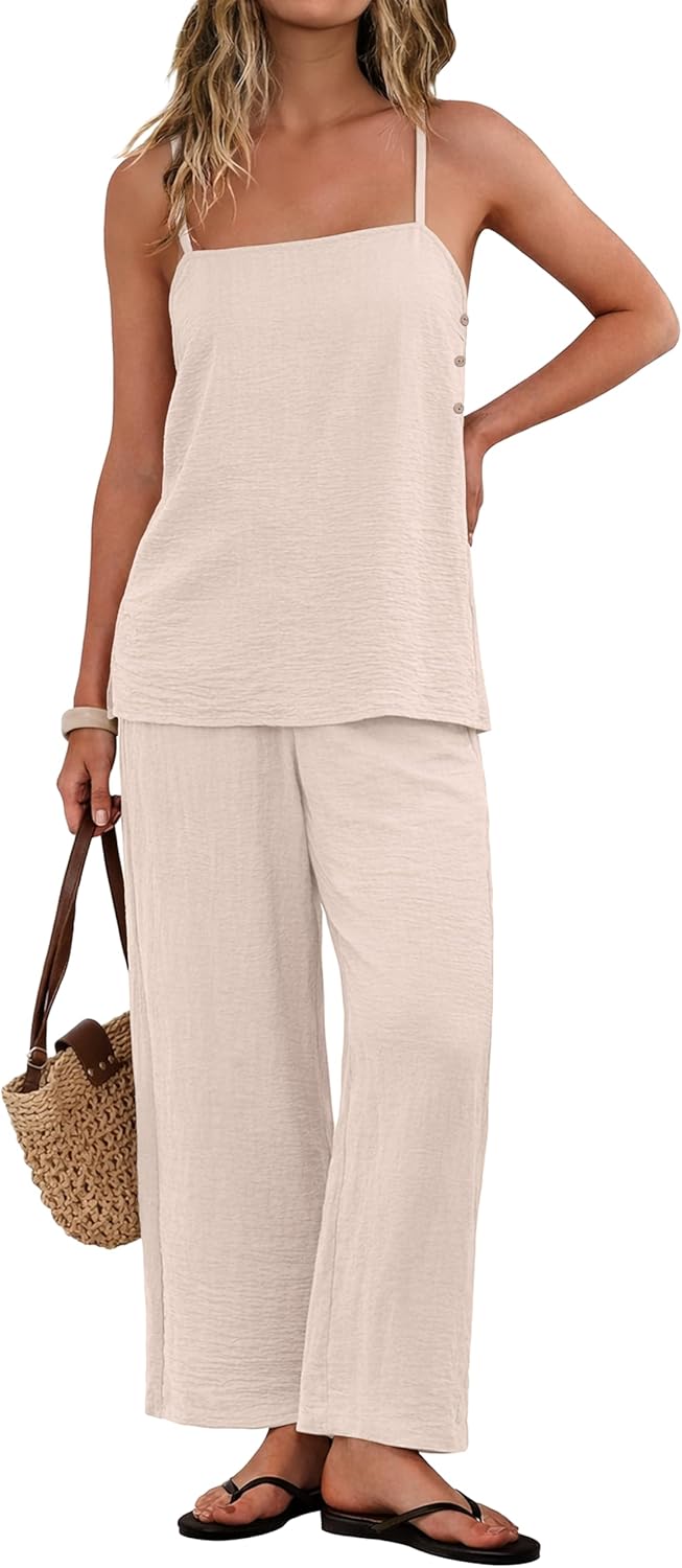 IWOLLENCE Women's 2 Piece Sets Spaghetti Strappy Tank Top and Long Pant with Pockets Lounge Matching Sets Beach Vacation