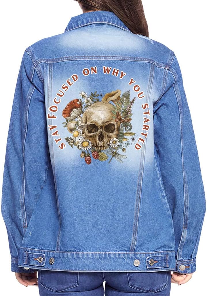 Flower Skull Women's Casual Denim Jacket - Printed Ladies Denim Jacket - Cool Denim Jacket