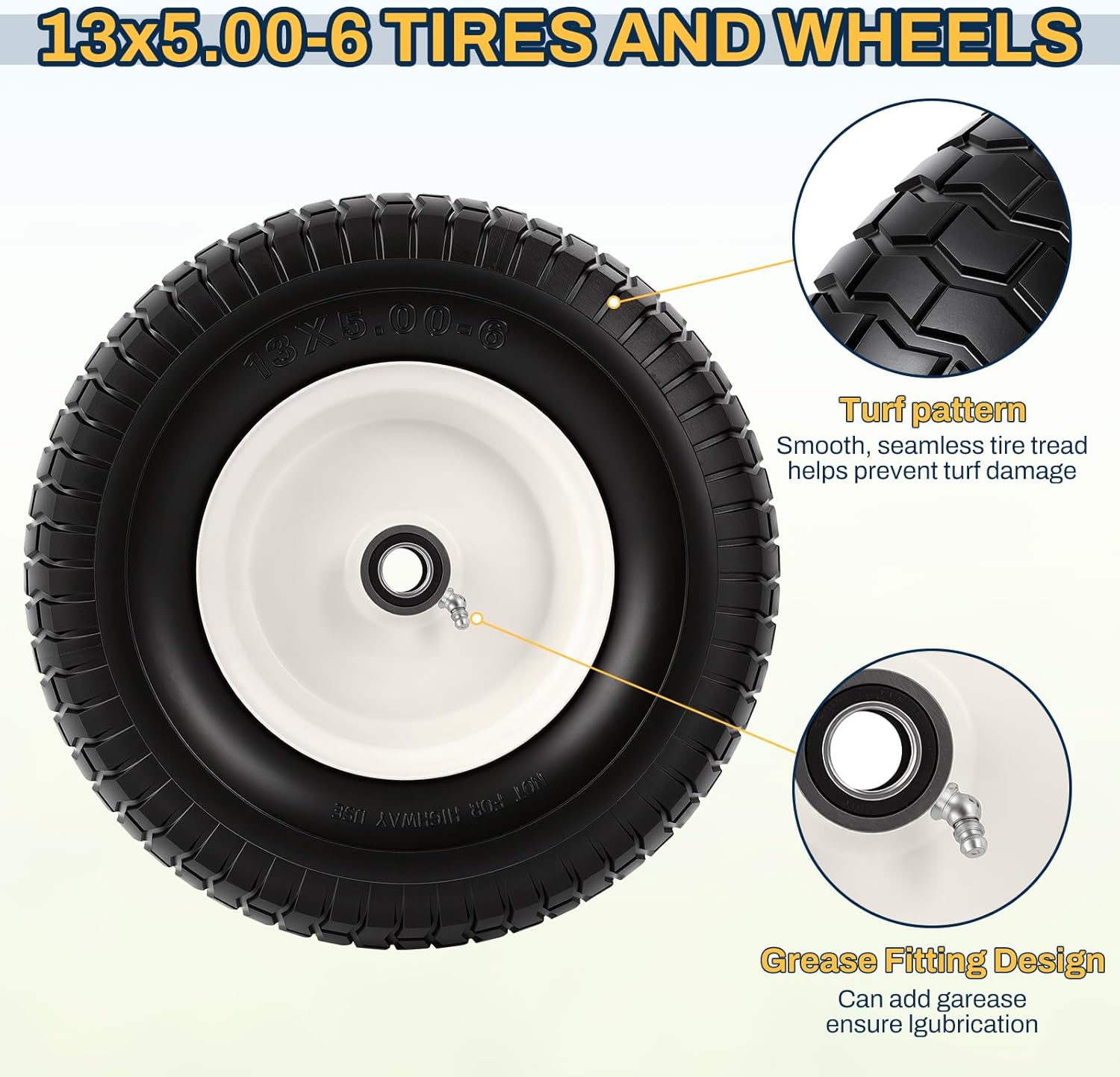 2 Pack 13x5.00-6 Flat Free Tire and Wheel Assemblies, 13x5-6 Solid Rubbe Tires and Wheel for Riding Lawn Mower - With 3/4" Bushings & 5/8" Bearings, 3" Centered Hub