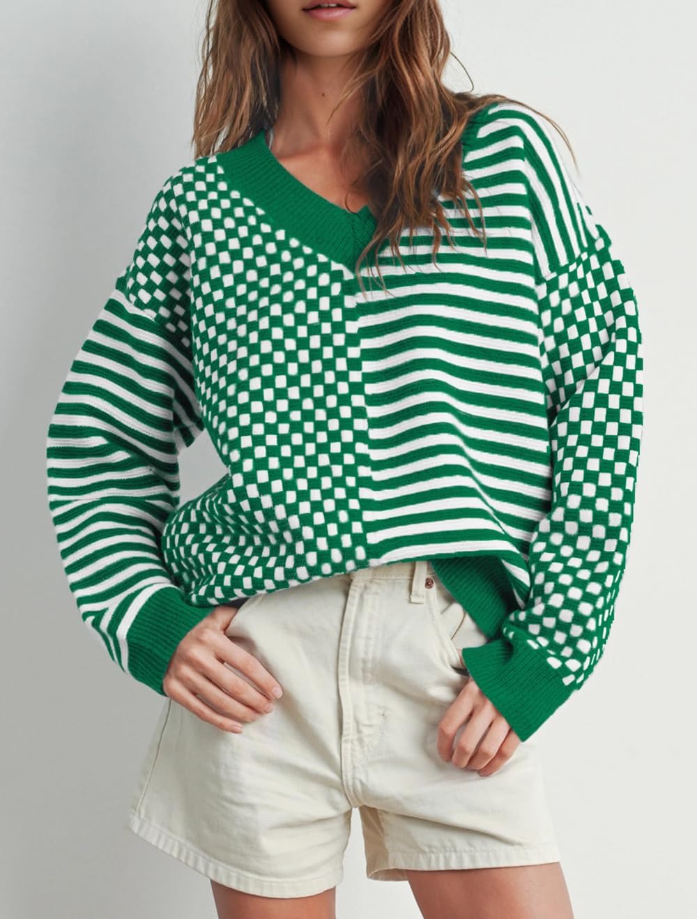 UNCLECAT Women's Striped Checkered Sweater 2025 V Neck Fall Sweaters Casual Knit Trendy Pullover Tops - Image 3