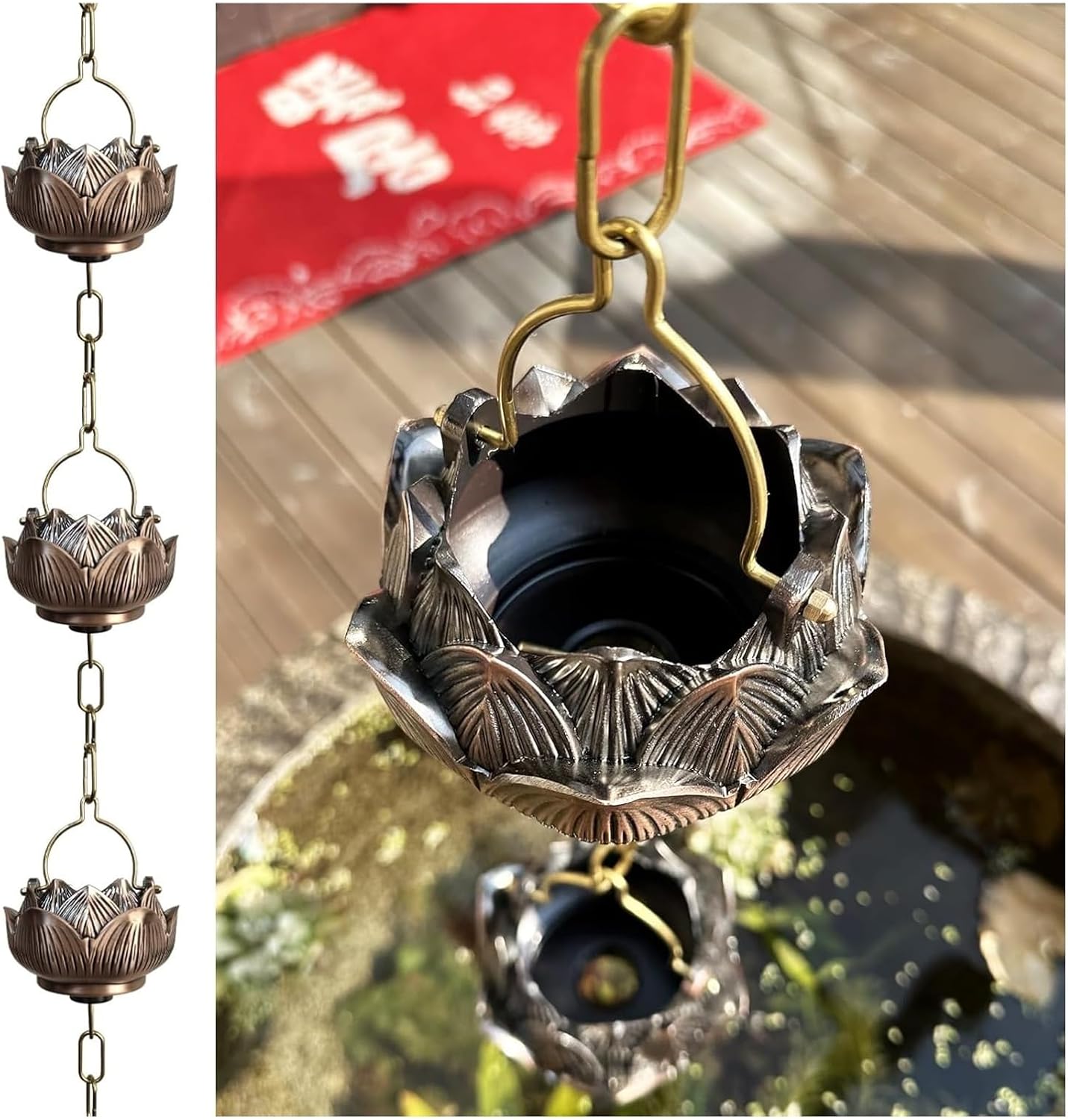 Rain Chains,Rain Catcher Chain, Plated Metal Lotus Rain Chain,Rain Catcher for Gutter Downspout, Rust-Proof Rain Guide Chains,4m/118ft