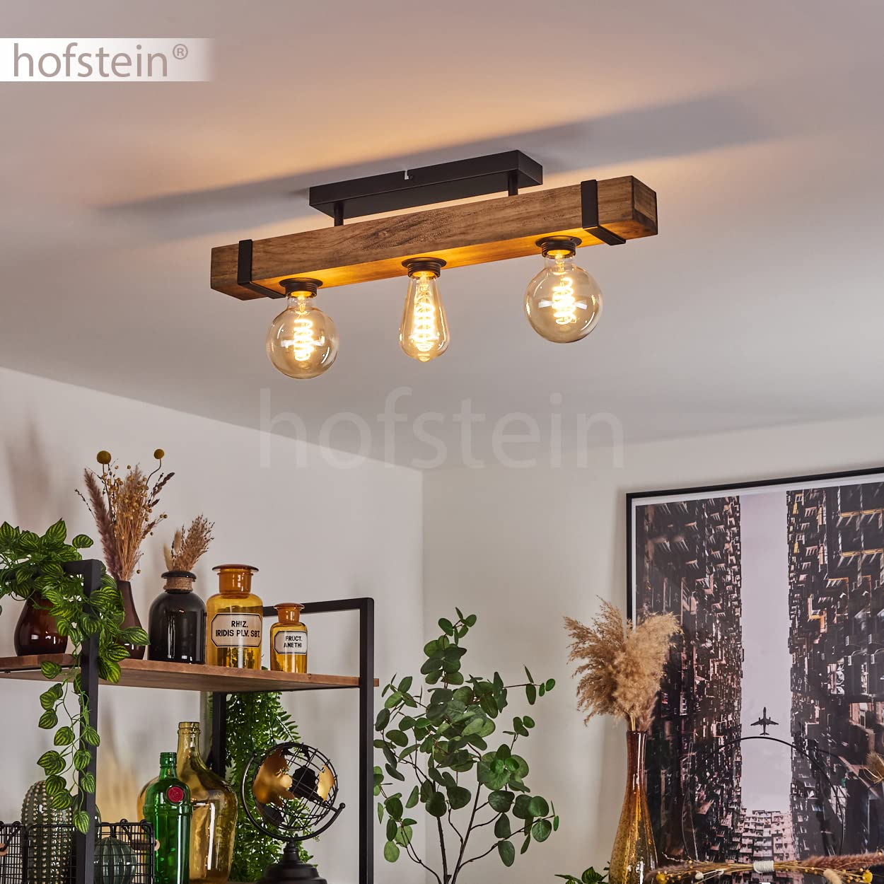 Lámpara de techo Montgomery, moderna lámpara de techo de metal/madera en negro/naturaleza, lámpara con varilla de madera en diseño vintage, 3 llamas, 3 x E27, sin bombilla(s)