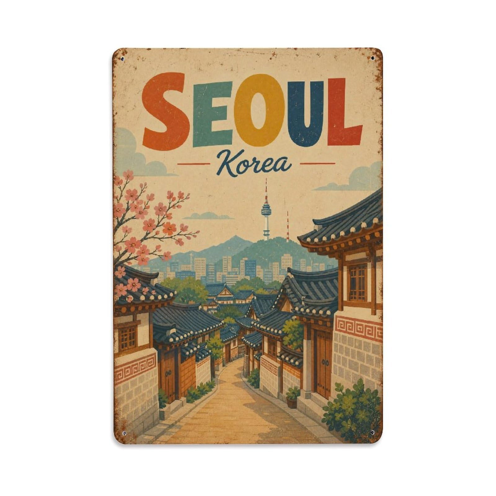 Seoul Korea Heritage Traditional Village Travel Retro Metal Tin Sign