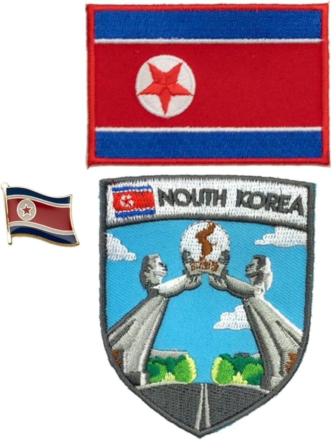 A-ONE 3 PCS Pack- The Arc of Reunification Shield Patch+North Korea Flag Lapel Pin and Patch, Patriotic Badge Set, Metal Brooch for Suits and Shirts, Exchange Gift, Iron on Sew on Patch NO.336B