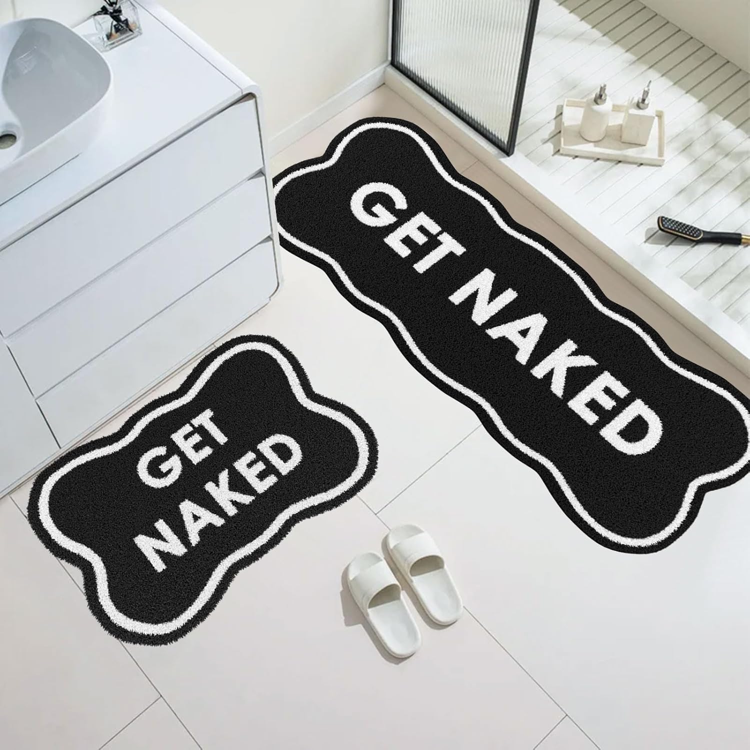 BSSN Get Naked Bath Mat, 2 Pieces Cute Black Bathroom Rugs Set, Ultra Absorbent Microfiber Tufted Bath Rug, Non-Slip & Machine Washable, 16"x24" + 18"x47" Fun Aesthetic Decor for Shower & Tub