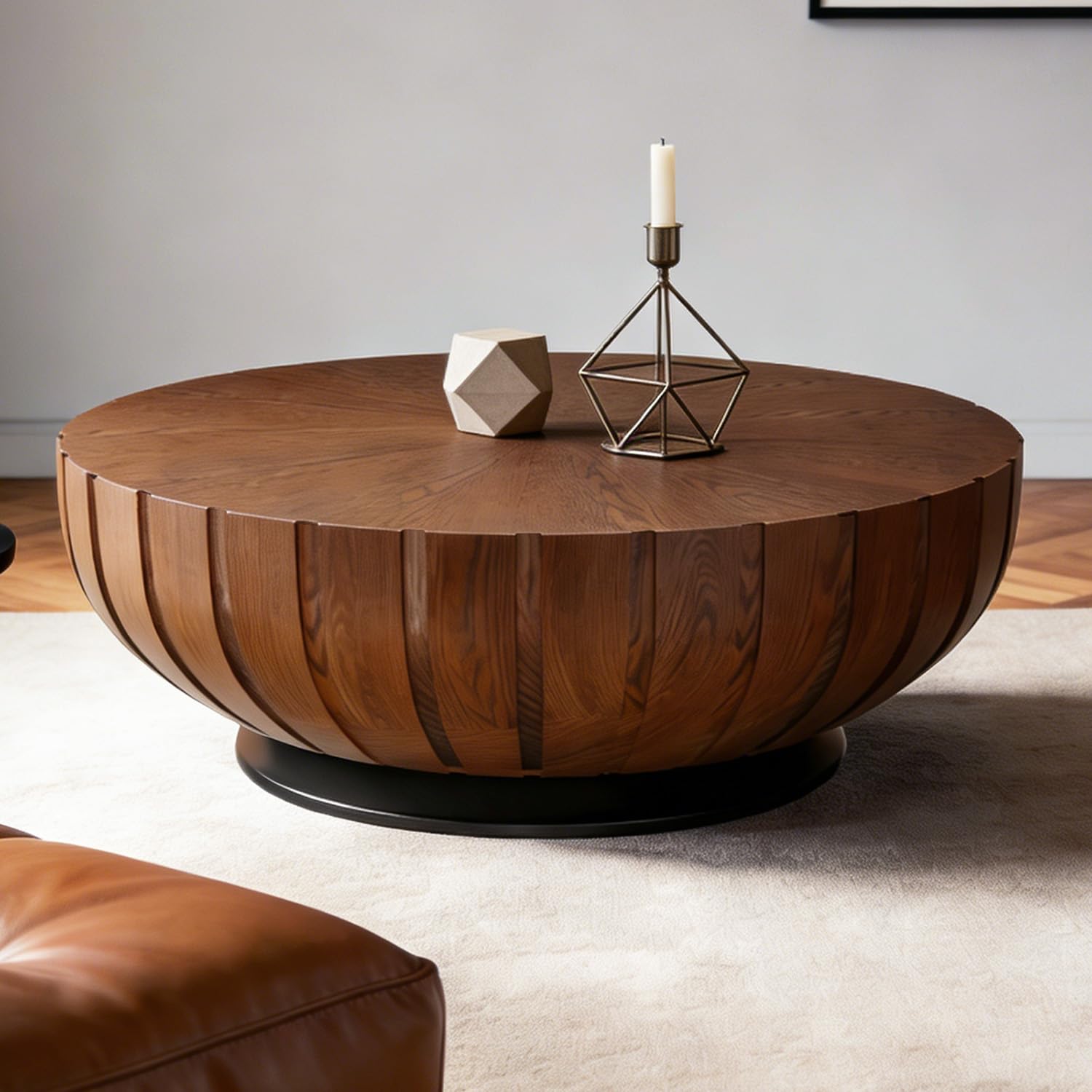Mesa de centro redonda de 90 cm estilo rústico moderno con base negra para salón