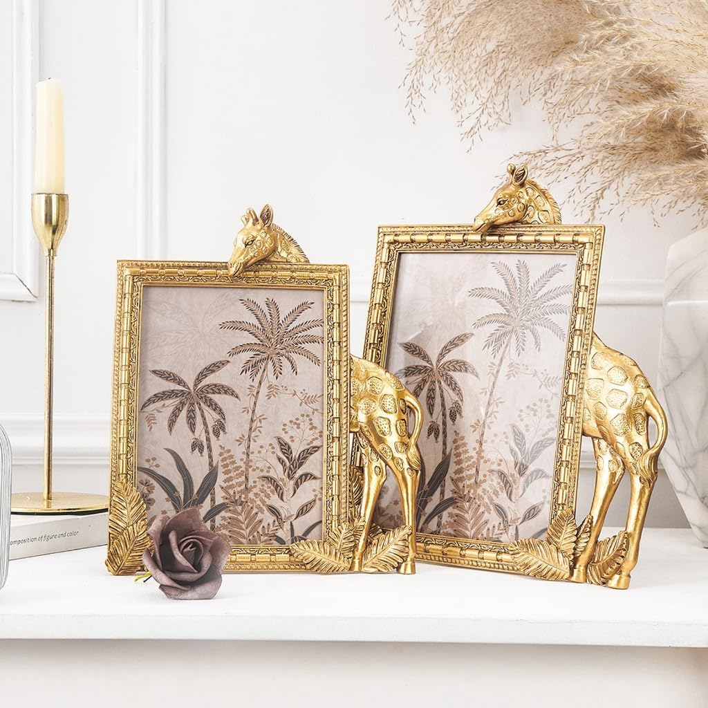 Antique Gold Giraffe Sculpture Photo Frame with Leaf Accent For Art Display