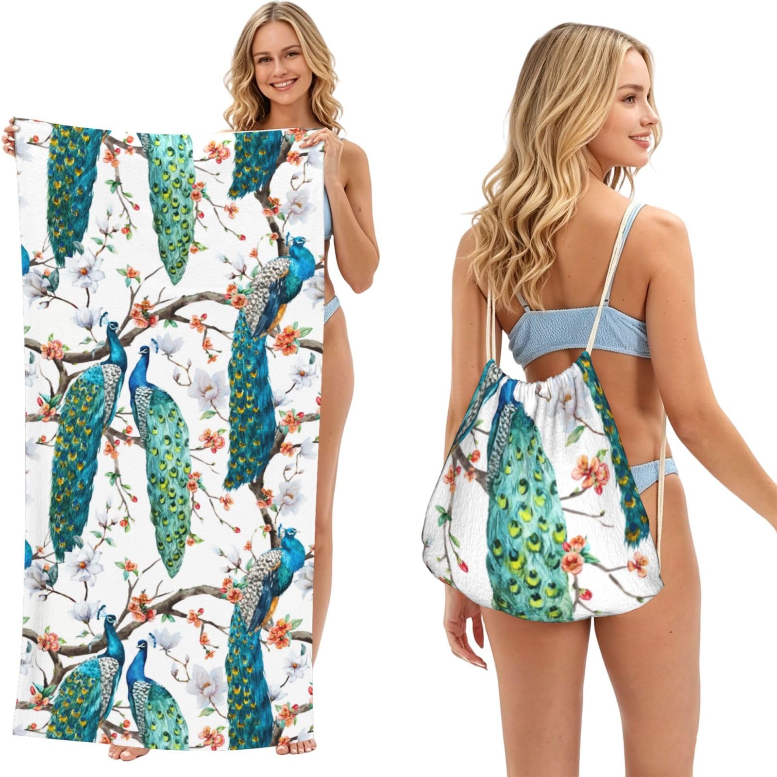 Poadnly Beautiful Peacock Flowers Print, 2 in 1 Packable Towel Bag, Beach Towels with Drawstring Backpack for Travel Holiday Camping