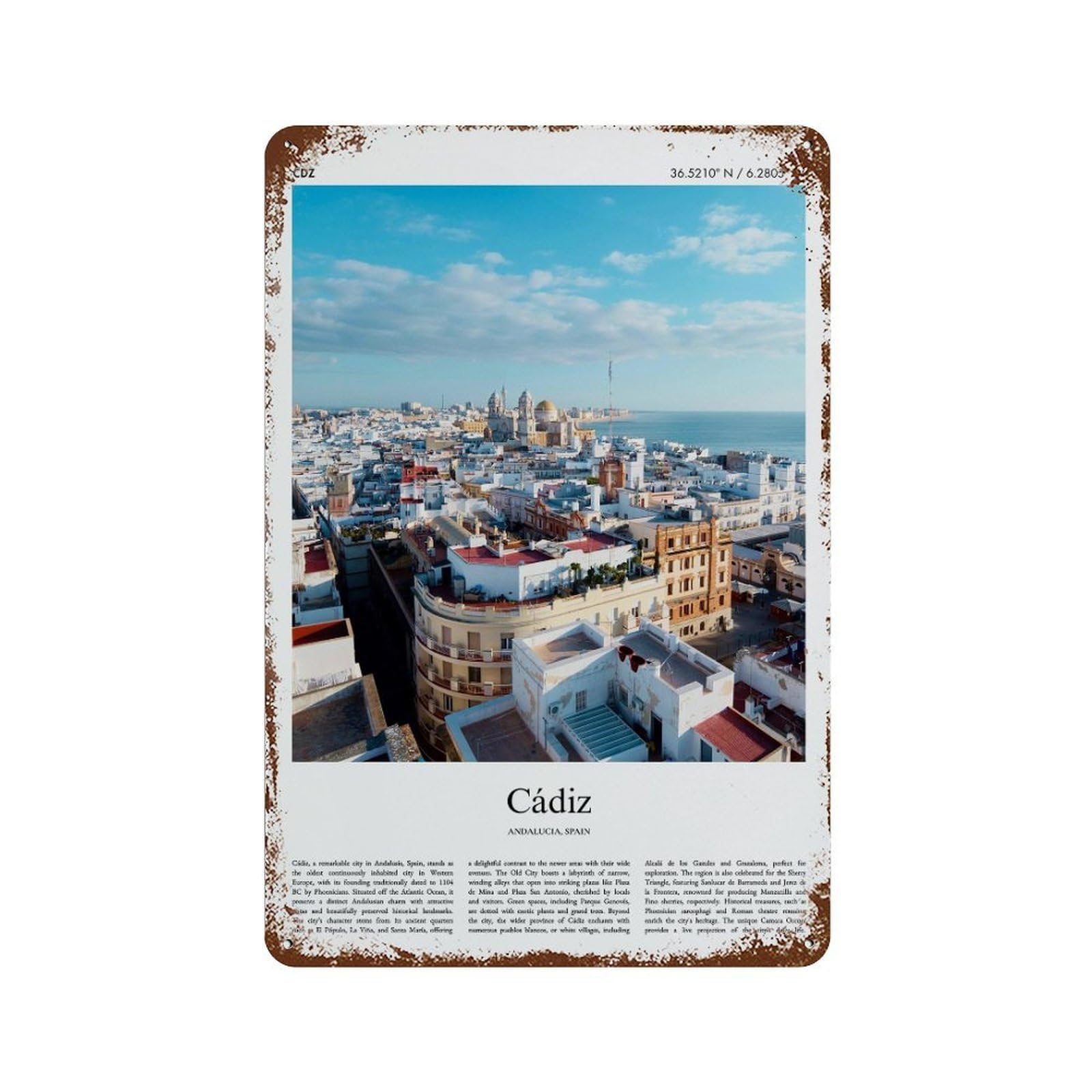 xiaoxiaoshen Cádiz Andalucia, Spain City Scenery Wall Decor Art Metal Tin Poster Modern Home Decor Art Home Bar Shop Decorations Vintage Sign 30x20cm