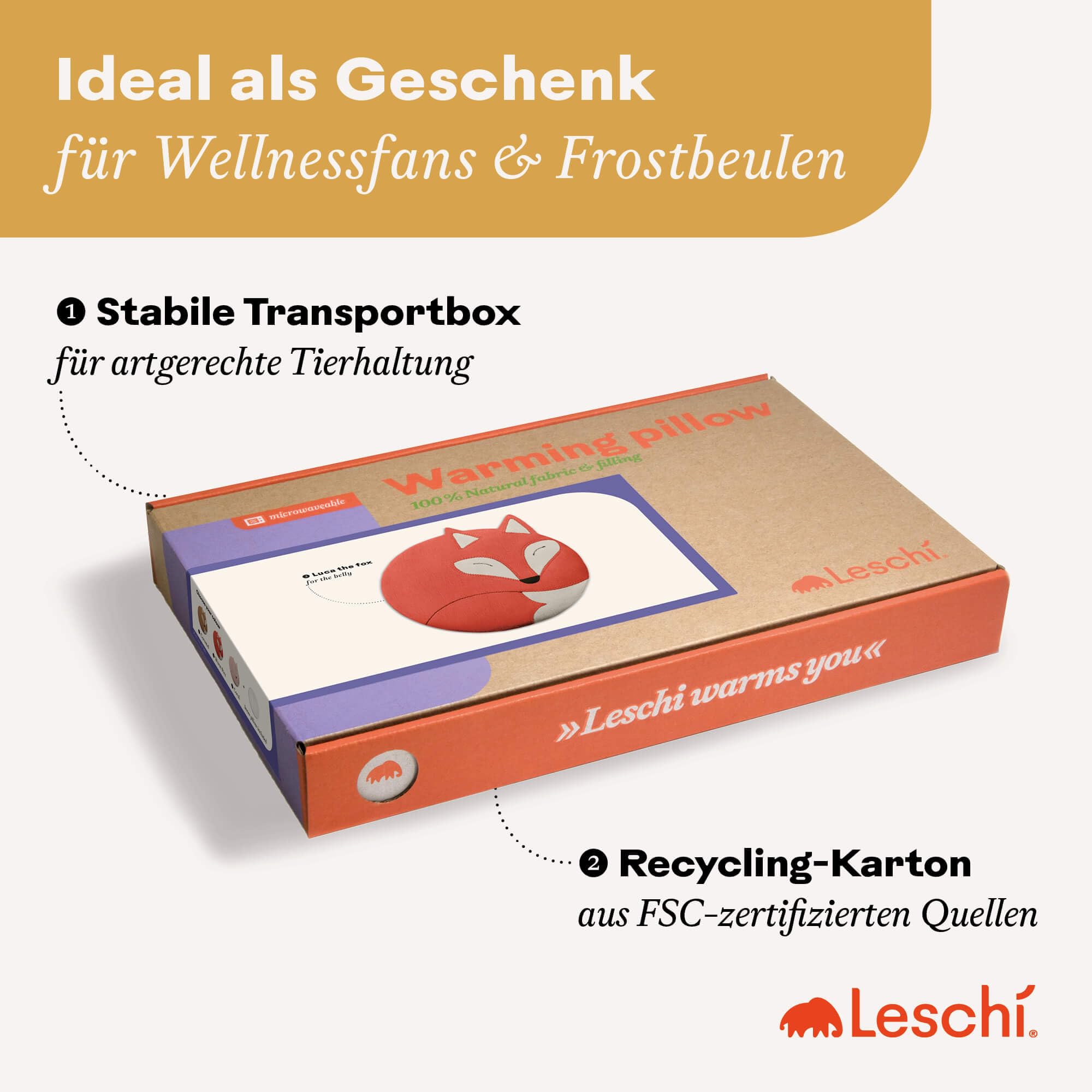 LESCHI 4 Kammer Körnerkissen für Mikrowelle - Wärmekissen aus 100% natürlicher Bio Baumwolle & Bio Weizen - ideal als natürliche Hilfe bei Bauch- und Regelschmerzen - Fuchs, Rot