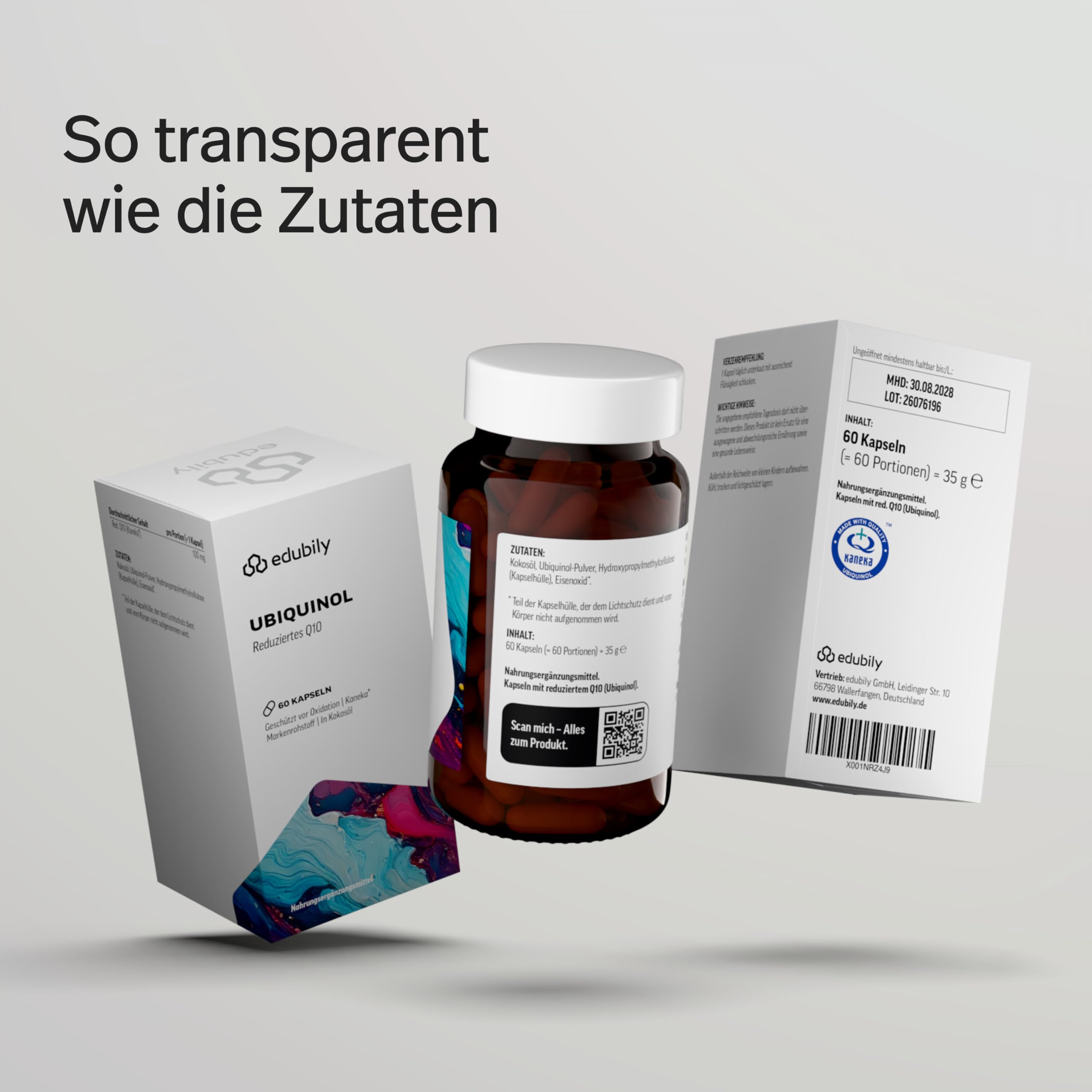 edubily® Ubiquinol Kapseln 100 mg Q10 von Kaneka® (60 Kapseln) | Premium-Markenrohstoff, Mit Kokosöl, Vegan, Laborgeprüft, Made in Germany