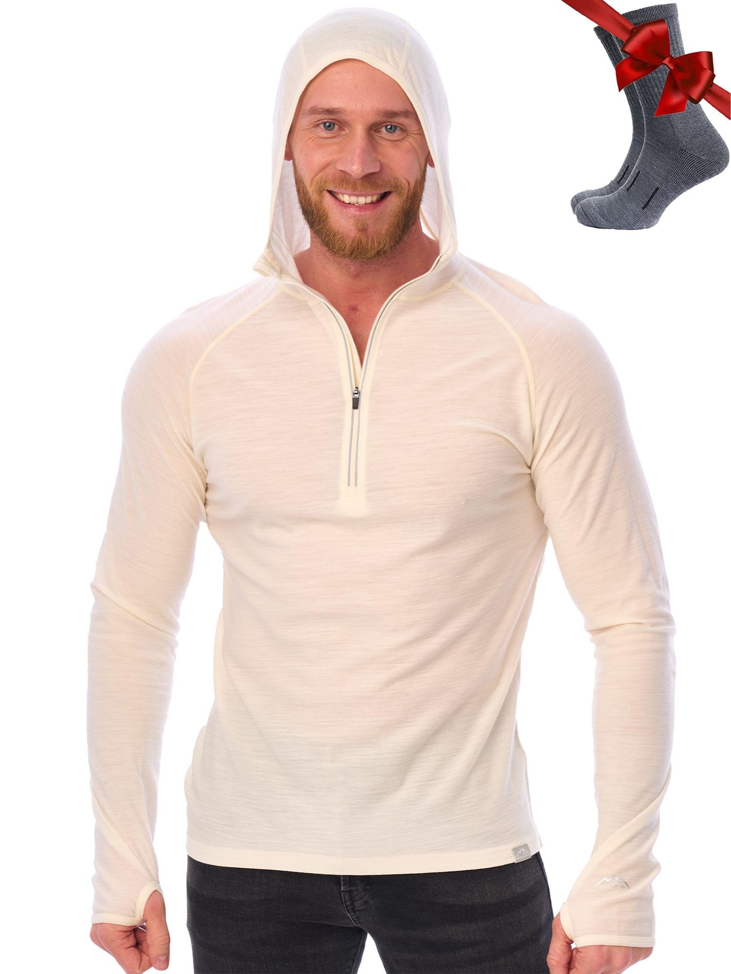 100% Merino Wool Hoodie Men - Slim Fit Quarter Zip Thermal Base Layer Top