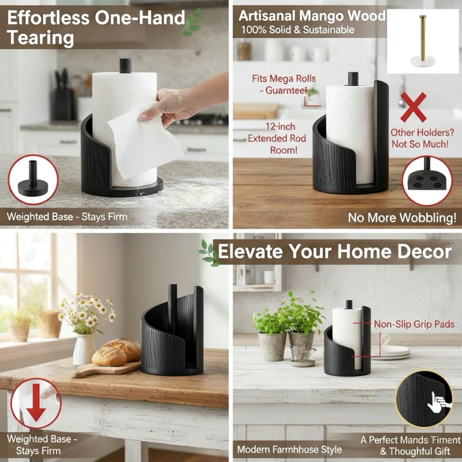 Wood Paper Towel Holder Countertop Paper Towel Stand - Handmade Mountain Mango Wood Decor, Heavy Duty Base for One-Hand Self-Tearing, No Assembly, Fits Mega Rolls for Kitchen (Black)