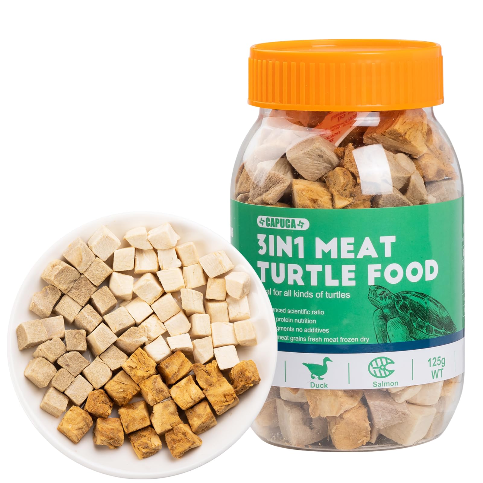 Freeze Dried Aquatic Turtle Food – 3-in-1 Chicken, Duck & Salmon High Protein Diet for Box Turtles & Baby Turtles, No Meat Fillers (125g)
