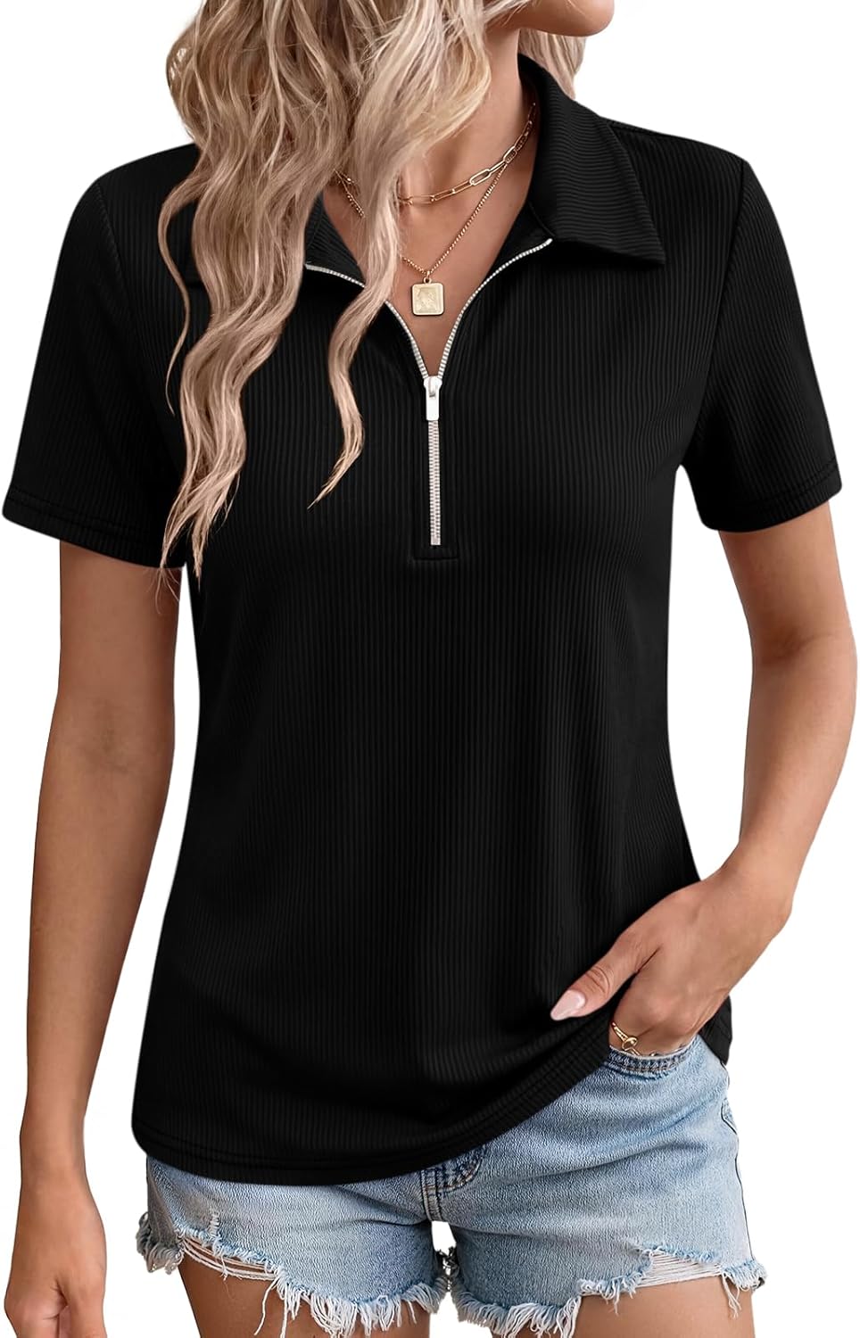 Elesomo Womens Short Sleeve Shirts V Neck Quarter Zip Top Casual Summer Polo Tee