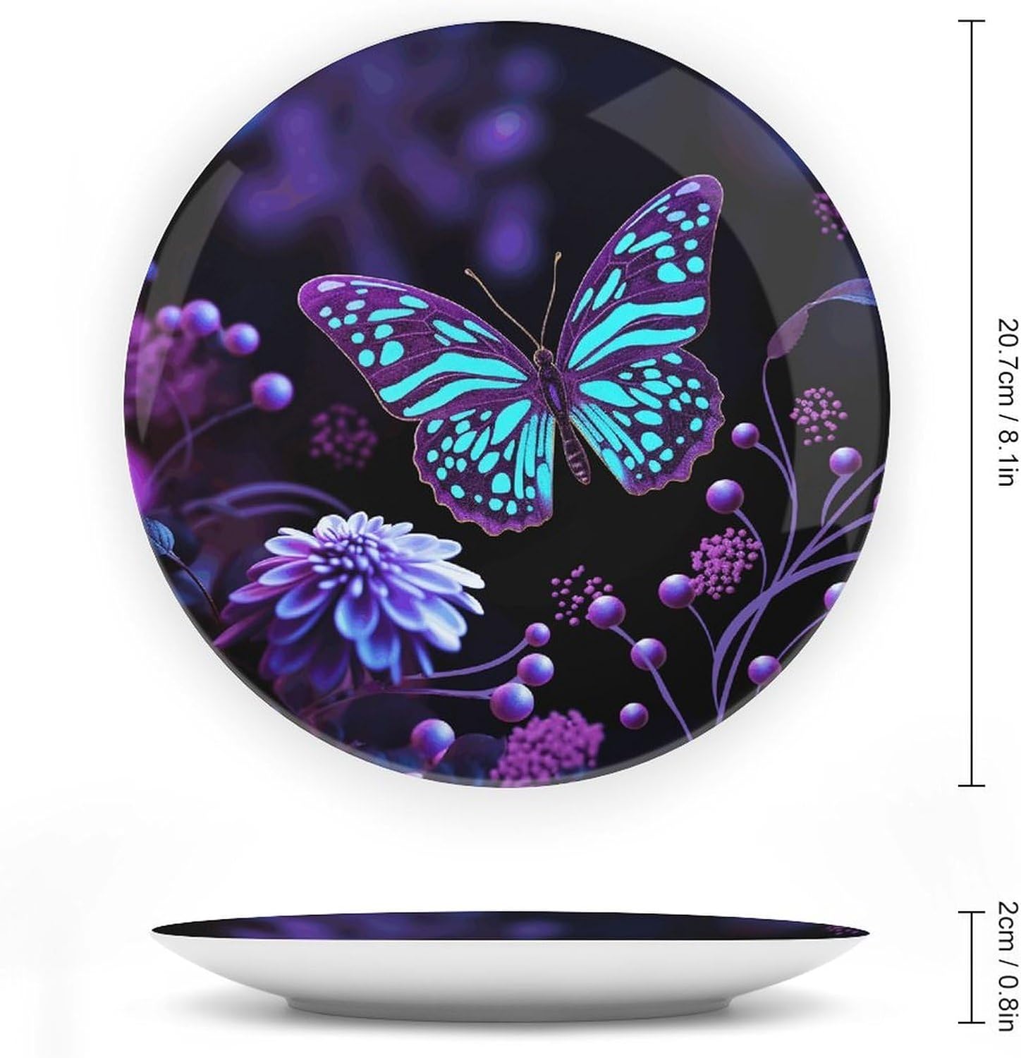 Purple Butterfly And Flowers Decorative Plates Bone China Plates with Stand for Display 8inch Round Ceramic Dinner Plates Dessert Plate for Kitchen Party Coffee Table Decor Art