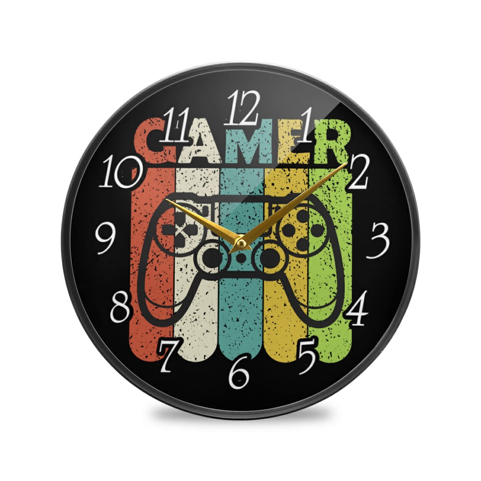 Colorful Joystick Vintage Gamepad with Slogan Gamer on Dark Wall Clock, Silent Non-Ticking Easy to Read Round Decorative Acrylic Wall Clock Art, for Living Room Home Office School 12 Inch