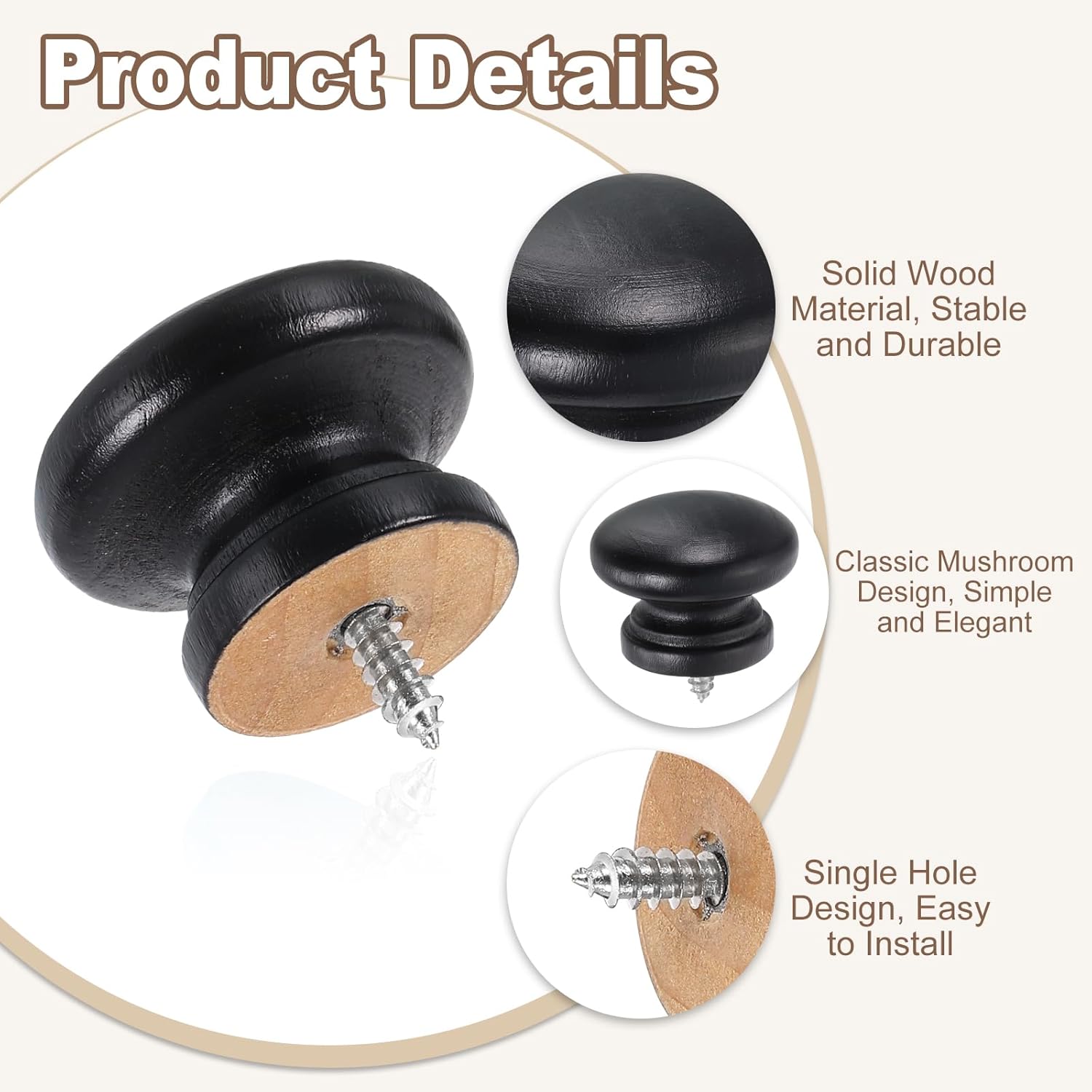 uxcell 8Pcs Round Wood Drawer Knob, 1.3" x 0.98" Self-Tapping Solid Wood Handle Round Cabinet Knob Mushroom Shape Wooden Knobs for Furniture Dresser Wardrobe, Black