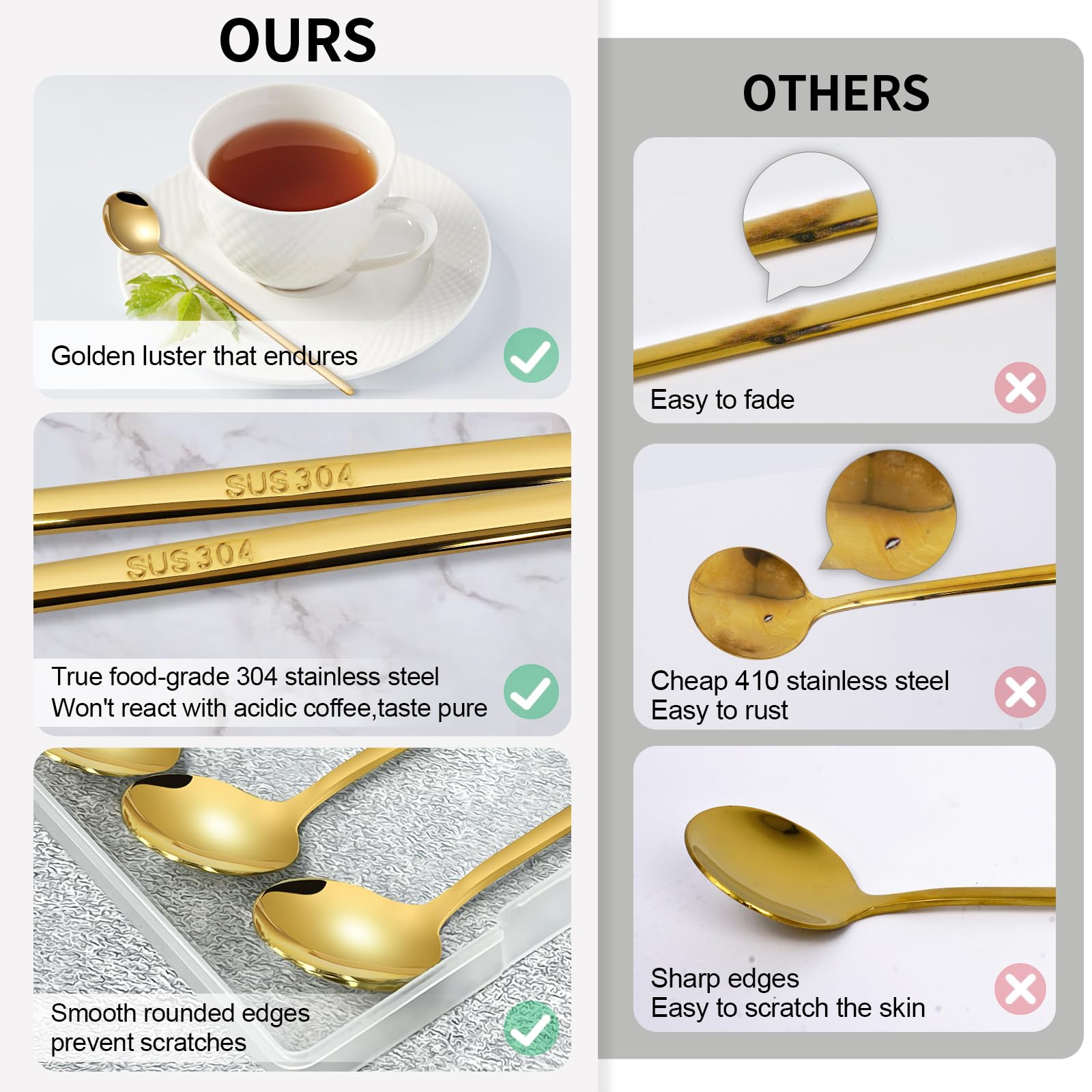 4 cucharas de café doradas de 6.7 pulgadas para cafetería, estación de café, cuchara agitadora de mango largo dorado para café, té helado, cucharas de espresso de acero inoxidable 304