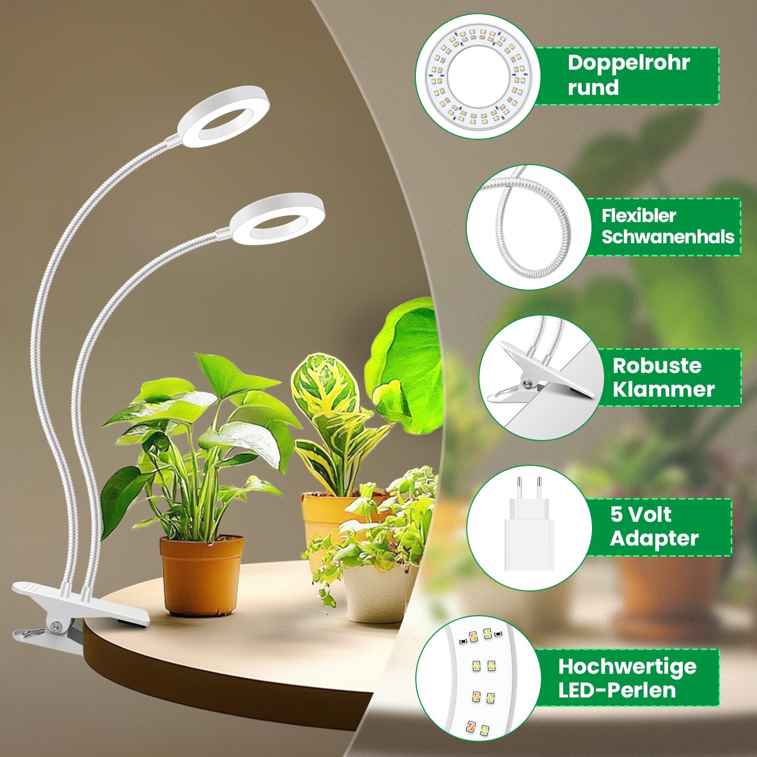 Lampe de croissance LED à spectre complet, 96 LED avec clip, lampe de croissance LED à spectre complet avec minuterie automatique 6/12/16 heures, 3 modes, col de cygne 360 °, 5 niveaux de