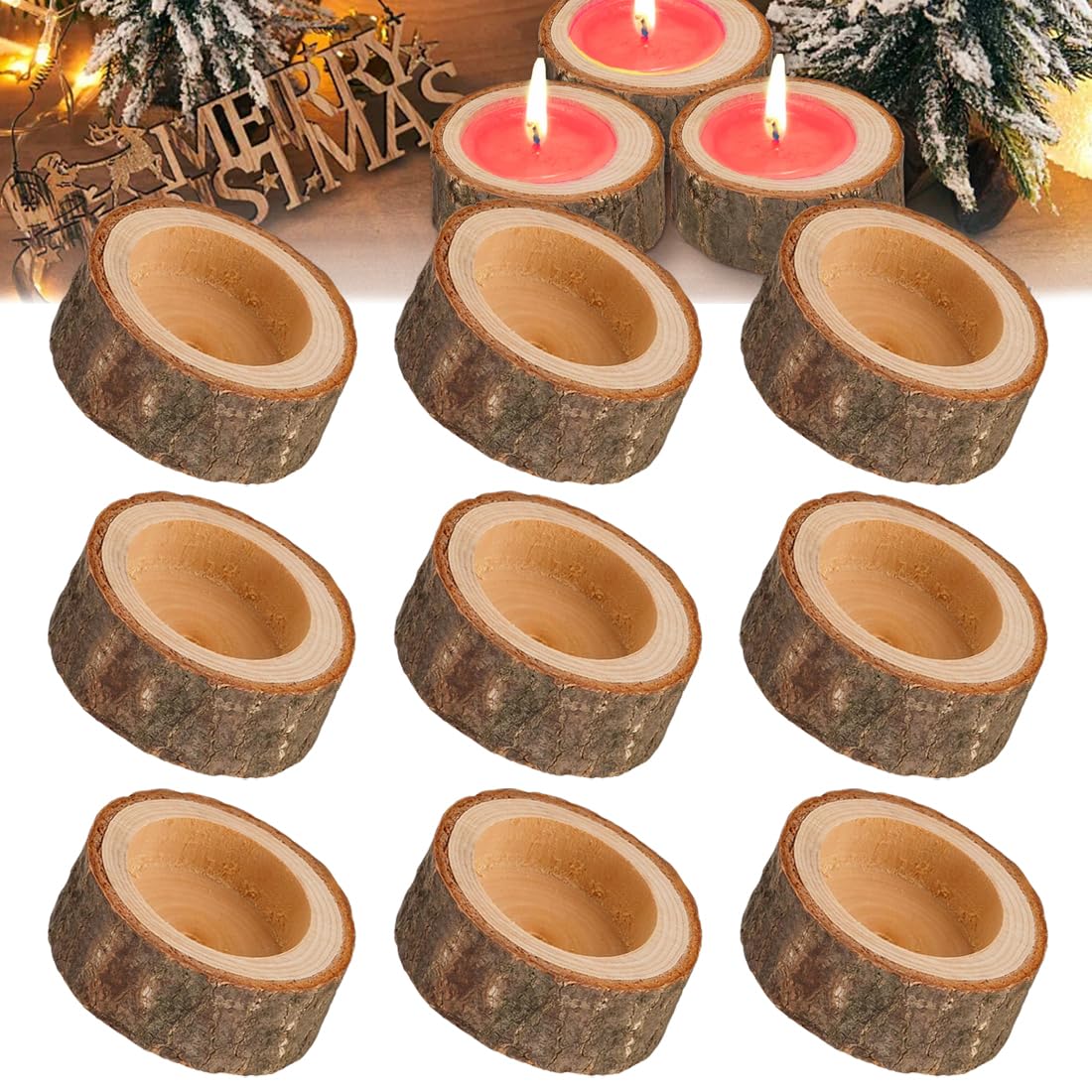 Portavelas de Madera, 9 Unidades Portavelas de Velas Pequeñas Decoración de Mesa de Otoño Navidad Boda San Valentín, Regalos Decoración del Hogar Portavelas Adornos de Madera Soporte para Velas