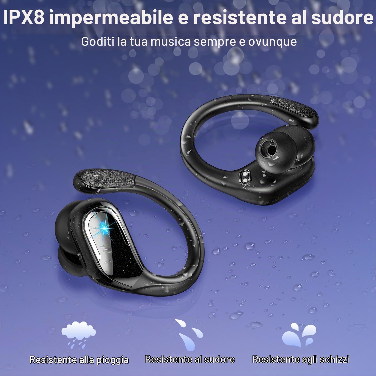 Cuffie Bluetooth Sport, Auricolari Bluetooth 5.4 HiFi Stereo, 75 Ore Cuffie Wireless Cancellazione Rumore, IPX8 Impermeabile Cuffiette Bluetooth, Ricarica Rapida USB-C, Cuffie Senza Filo LED Display