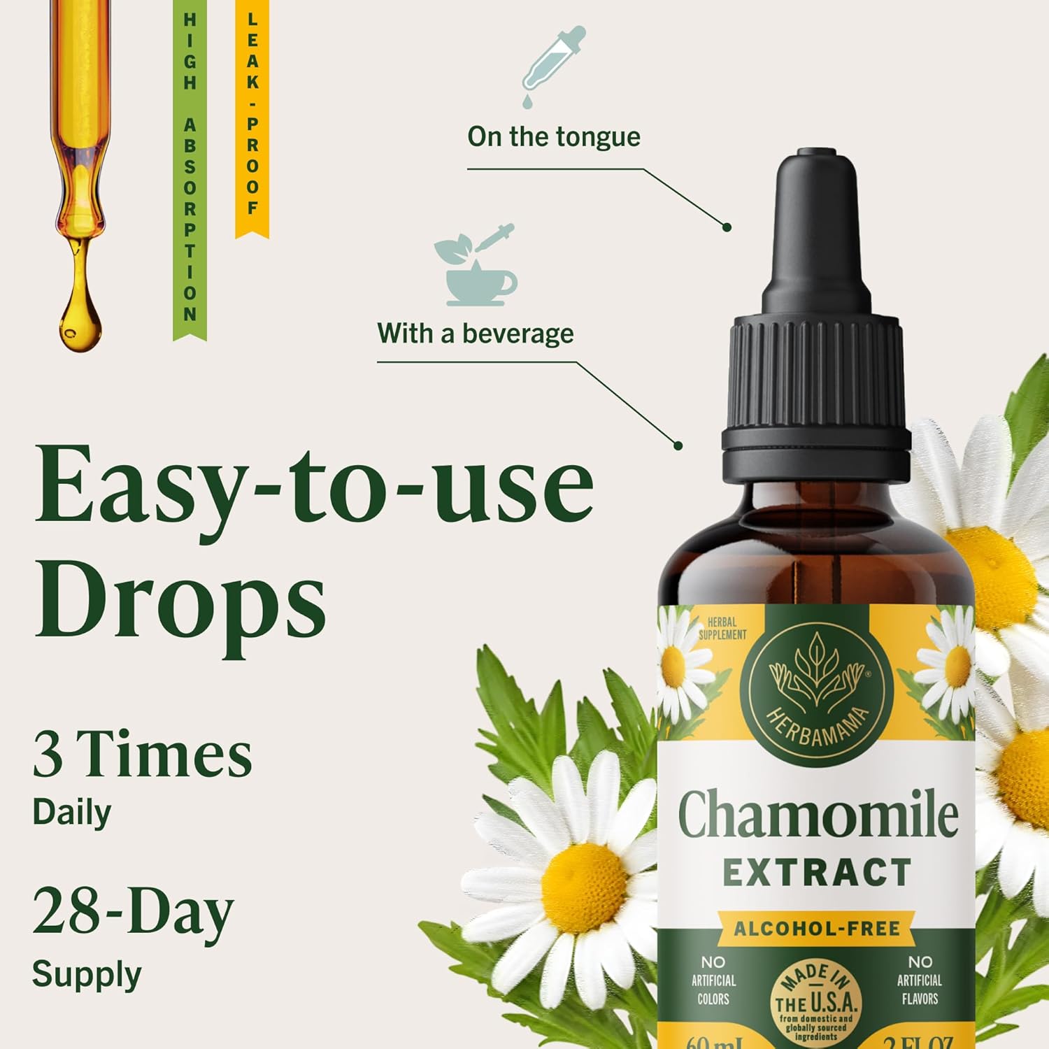HERBAMAMA Chamomile Tincture - Vegan Relaxation & Calm Support with Chamomile Flower Extract Drops - Non-GMO, Alcohol & Sugar-Free Liquid Calming Supplement, 28-Day Supply - Image 6