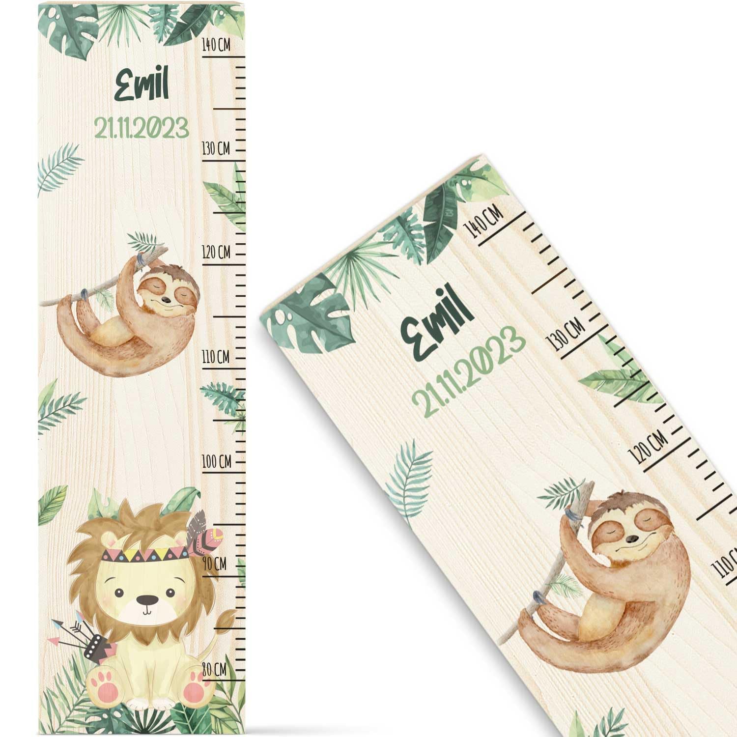 GRAVURZEILE Messlatte für Kinder aus Holz - Dschungel Design - mit Namen für Kinderzimmer - Skala misst 80-140 cm - Größe 20 x 70 x 2 cm - Geschenk zur Geburt für Mädchen & Jungen