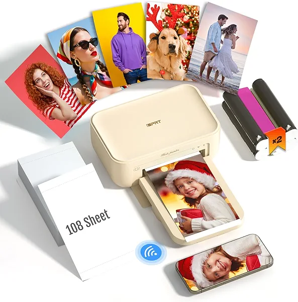 iDPRT 4×6 Photo Printer, Portable Color Picture Printer, Thermal Sublimation Mini Picture Printer, Bundle 108 Sheets Photo Paper & 2 Ribbon Cassette, Photo Printer for iPhone & Android Print