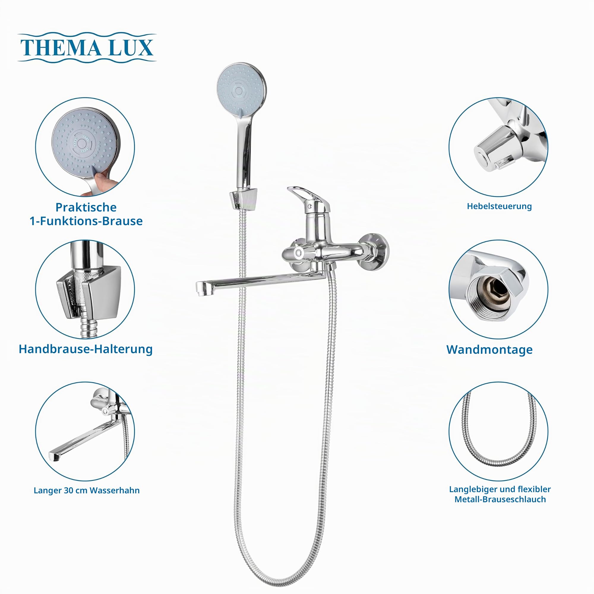 Badewannenarmatur mit Duschkopf, Schlauch und Halterung | Wasserhahn Bad Klassisch-elegantes Design | Mischbatterie mit Chromüberzug | Langem Wasserhahn - 30cm | Einhand- Armatur Badewanne