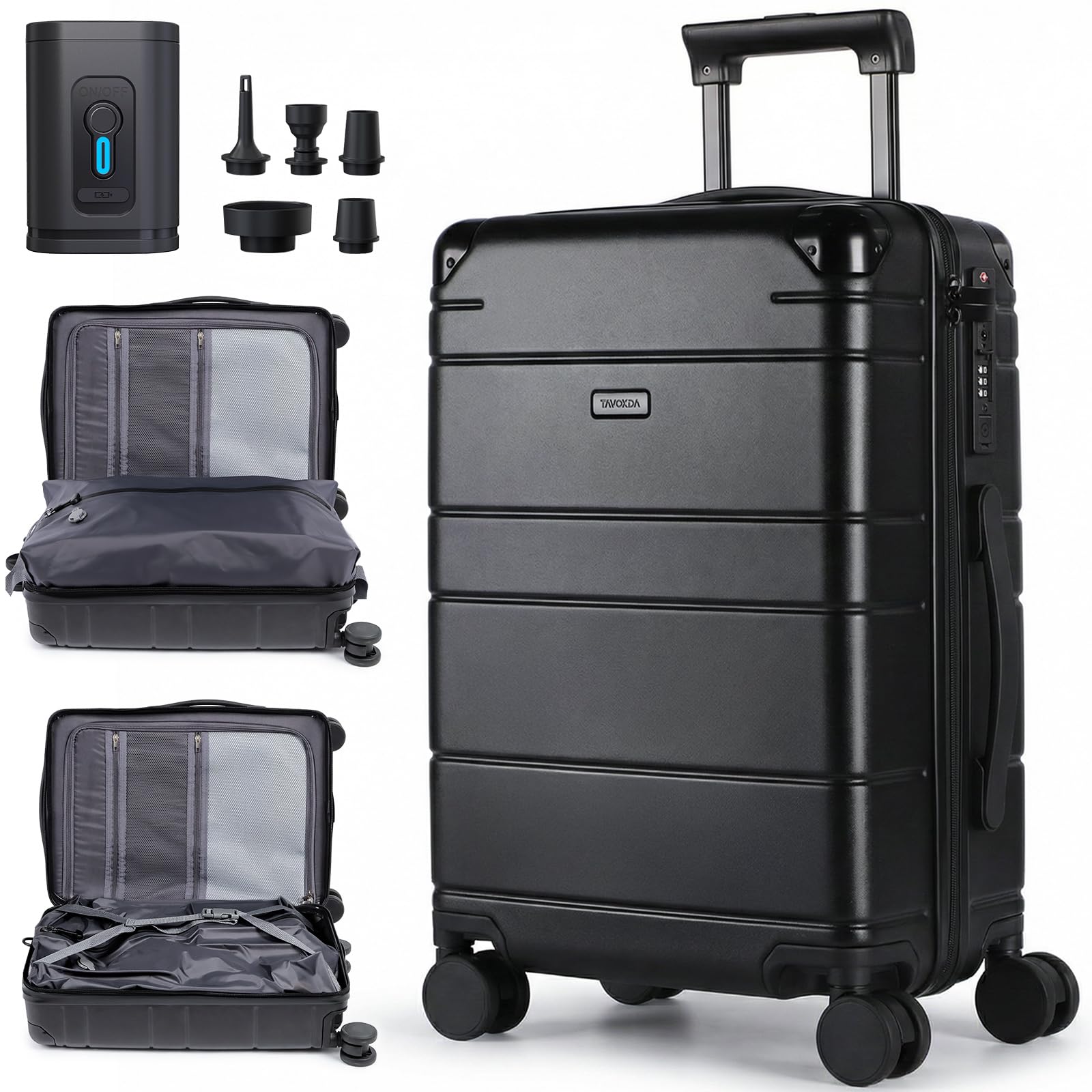 Carry on Luggage Suitcase with Vacuum Compression and Pump, 100% PC Hardshell Lightweight Travel Suitcase with TSA Lock & USB Charging Port 20inch image 1