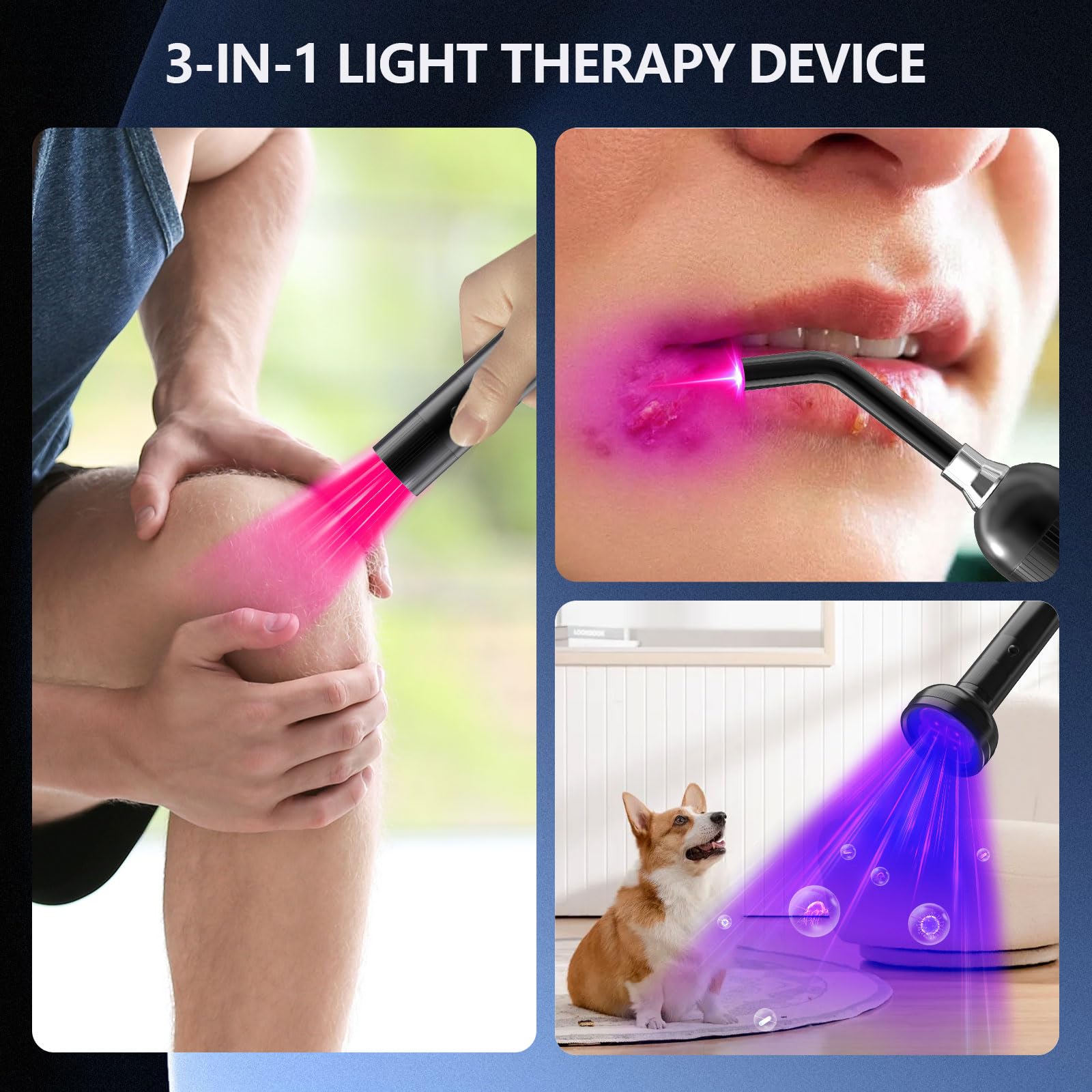 Roter Lichttherapie Gerät für Lippenherpes, 3 In 1 Handgerät Kalte Lasertherapie Gerät, Rotlicht blaues Gerät für Mund, Nase, Ohren, Knie, Füße & Gelenk-/Muskel-/Nervenschmerzen