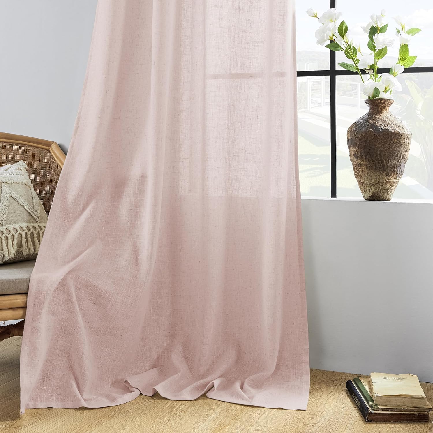 CUCRAF Rideau avec Oeillets Voilage Lin Semi-Transparent, Vieux Rose 140x245cm Lot de 2