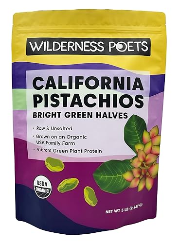 Miniatura 9 de Wilderness Poets, Pistachos orgánicos - Mitades de nuez de pistacho verde brillante, sin sal, sin cáscaras, cultivadas en California (8 onzas)