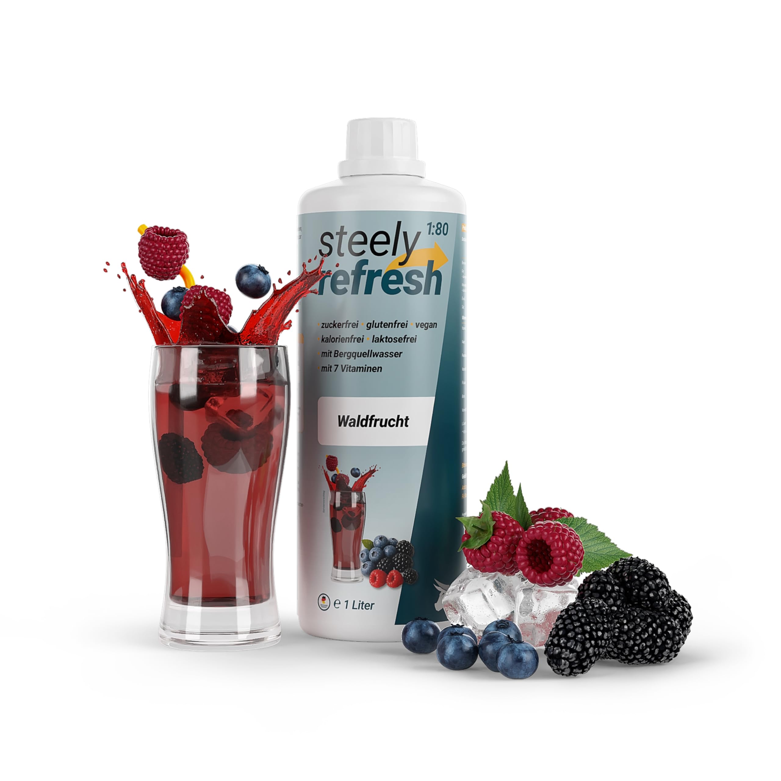 STEELY SPORTS SteelyRefresh Sirup Waldfrucht, zuckerfrei mit Vitaminen, 1L Getränkekonzentrat für 80L, passend für Sprudelwasser